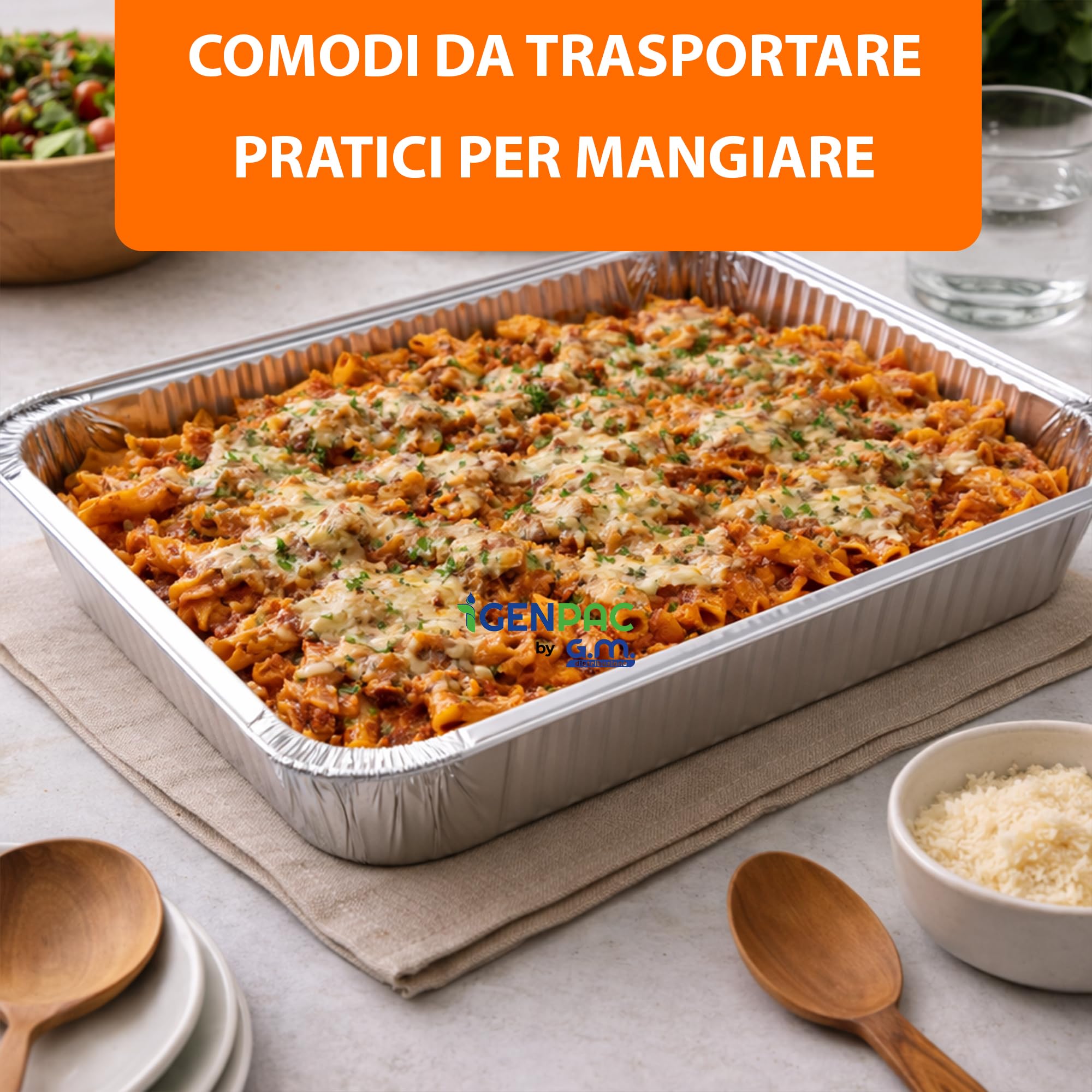 GM – 100 Contenitori in Alluminio 8 Porzioni 2625 cc Senza Coperchio, Vaschette Rettangolari Extra Grandi per Forno e Congelatore, Gastronomia e Catering – 32,2×26,2×4h cm