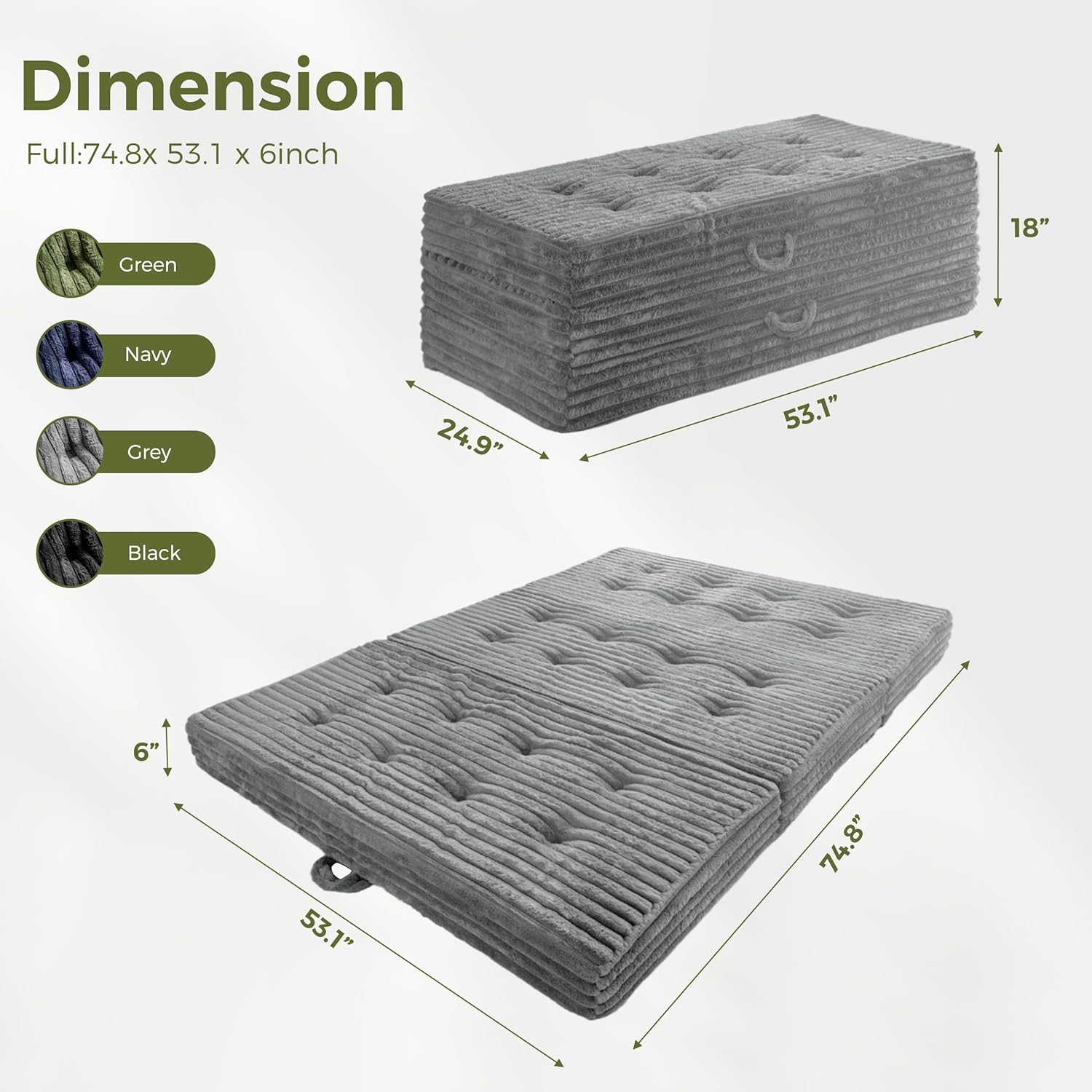 MAXYOYO Folding Mattress with Handles, 6 Inch Tri-Fold Mattress Floor Sofa Bed, Soft Faux Fur Folding Bed with Supportive Foam Filling, Portable Guest Couch for Sleeping, Full, Grey