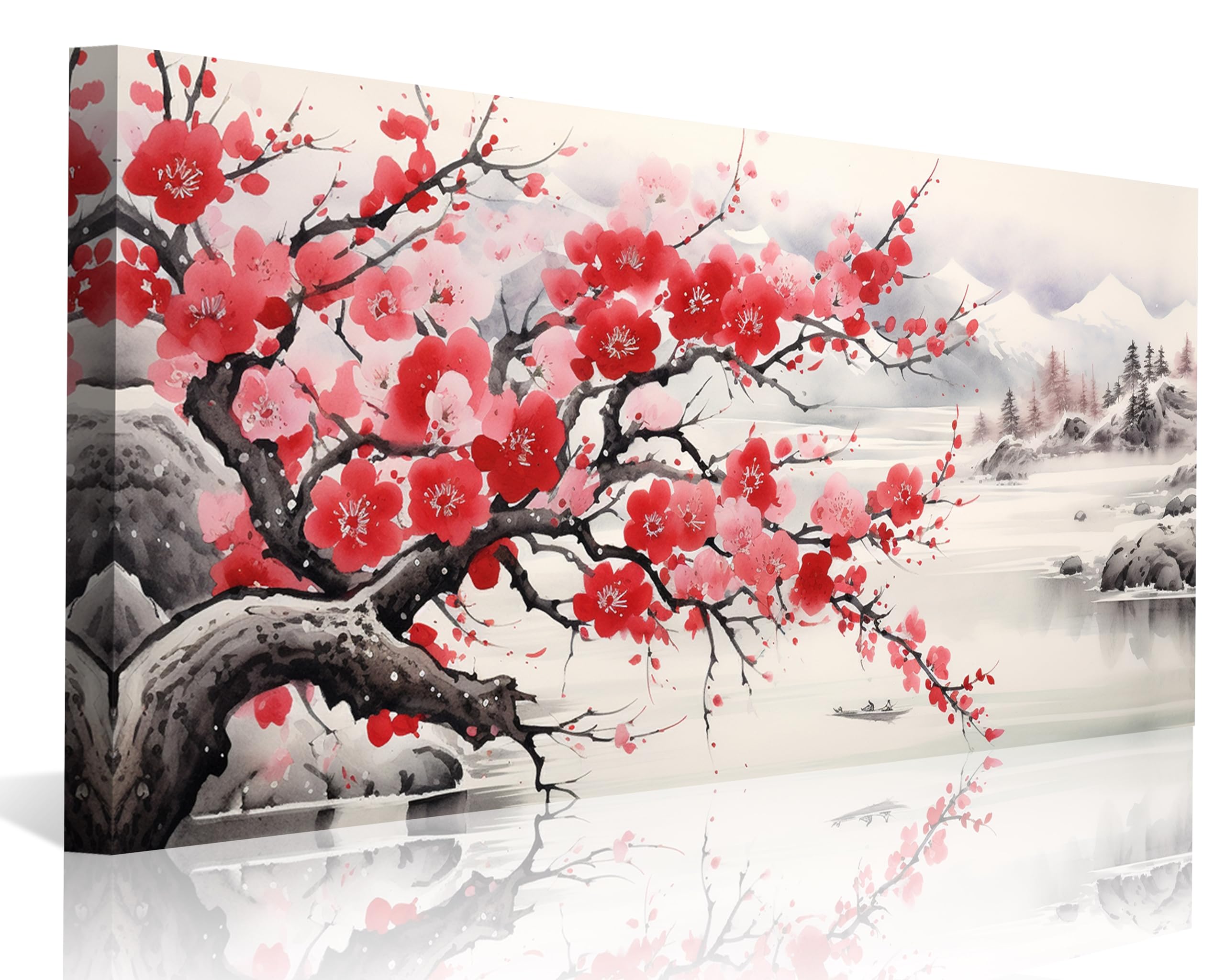 NAN WindAsian Wall Art Traditional Chinese Painting Oriental Red Plum Blossom Canvas Pictures for Wall Decor Home decor for Living Room Cherry Blossom Decor Landscape Artwork Framed Ready to Hang
