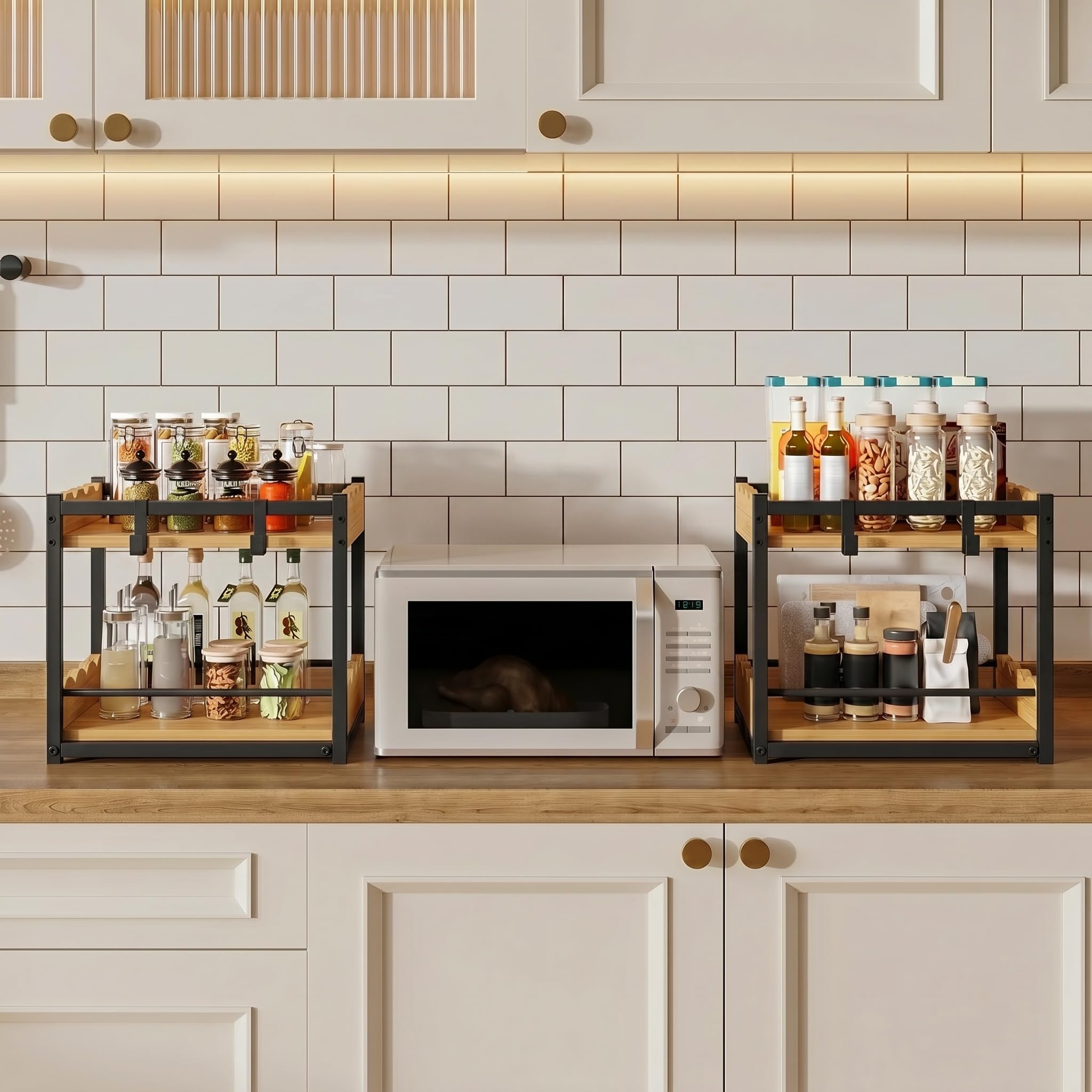Organizzatore da banco a 2 ripiani in bambù naturale, moderno portaspezie industriale con ripiano estraibile e ganci, elegante contenitore per cucina e casa