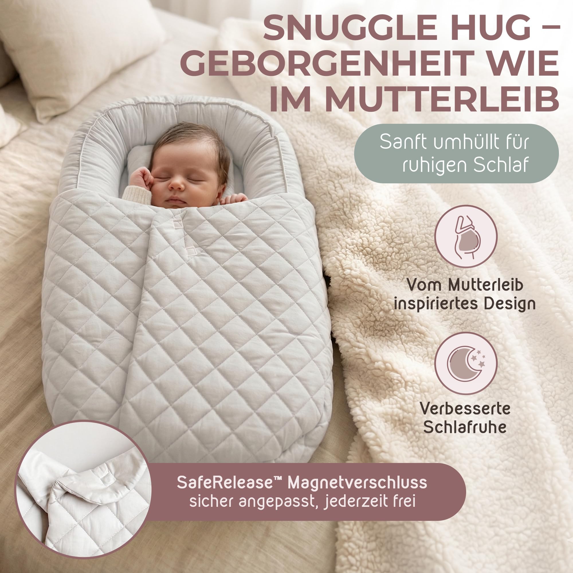 mimi kalu® Babynest für Neugeborene 100% Soft-Cotton Bezug, mit extra hohen Rändern (sicher) & Snuggle Hug Decke Bettschlange Baby Nestchen Baby