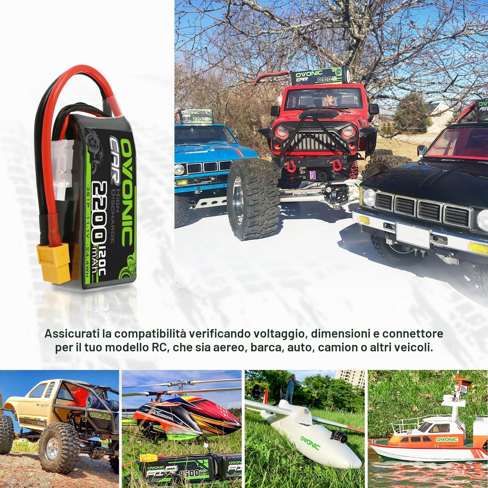 OVONIC Batteria 3s Lipo da 11,1 V 120 C 2200 mAh Shorty Pack con spina XT60 per aerei ed elicotteri Speciale per auto RC 1:14 (confezione da 2)