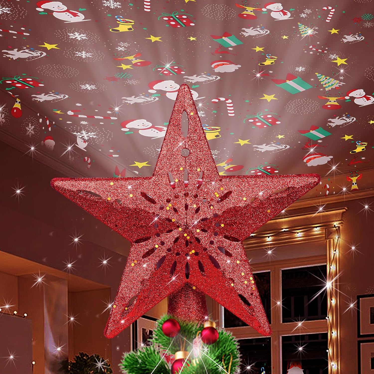 Christmas Tree Topper Lighted with 6 Projected Patterns -Christmas Star Tree Topper Built-Led Rotating Lights -3D Glitter Dynamic Projector for Indoor Xmas New Year Holiday Party Decorations Pentagram