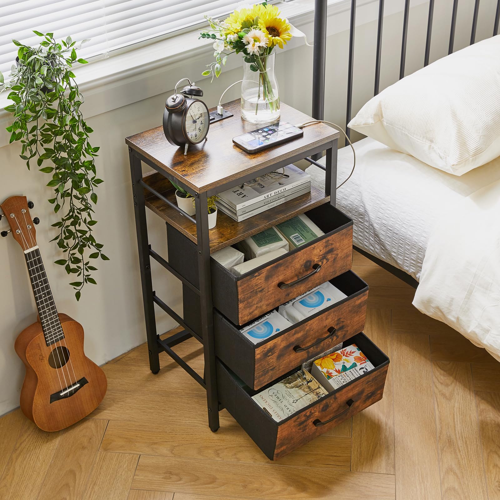 IBUYKE Nightstand with Charging Station,Side Table with Fabric Drawers, Bedside Table with USB Ports and Outlets, End Table for Bedroom, Living Room, Rustic Brown UTNS001H