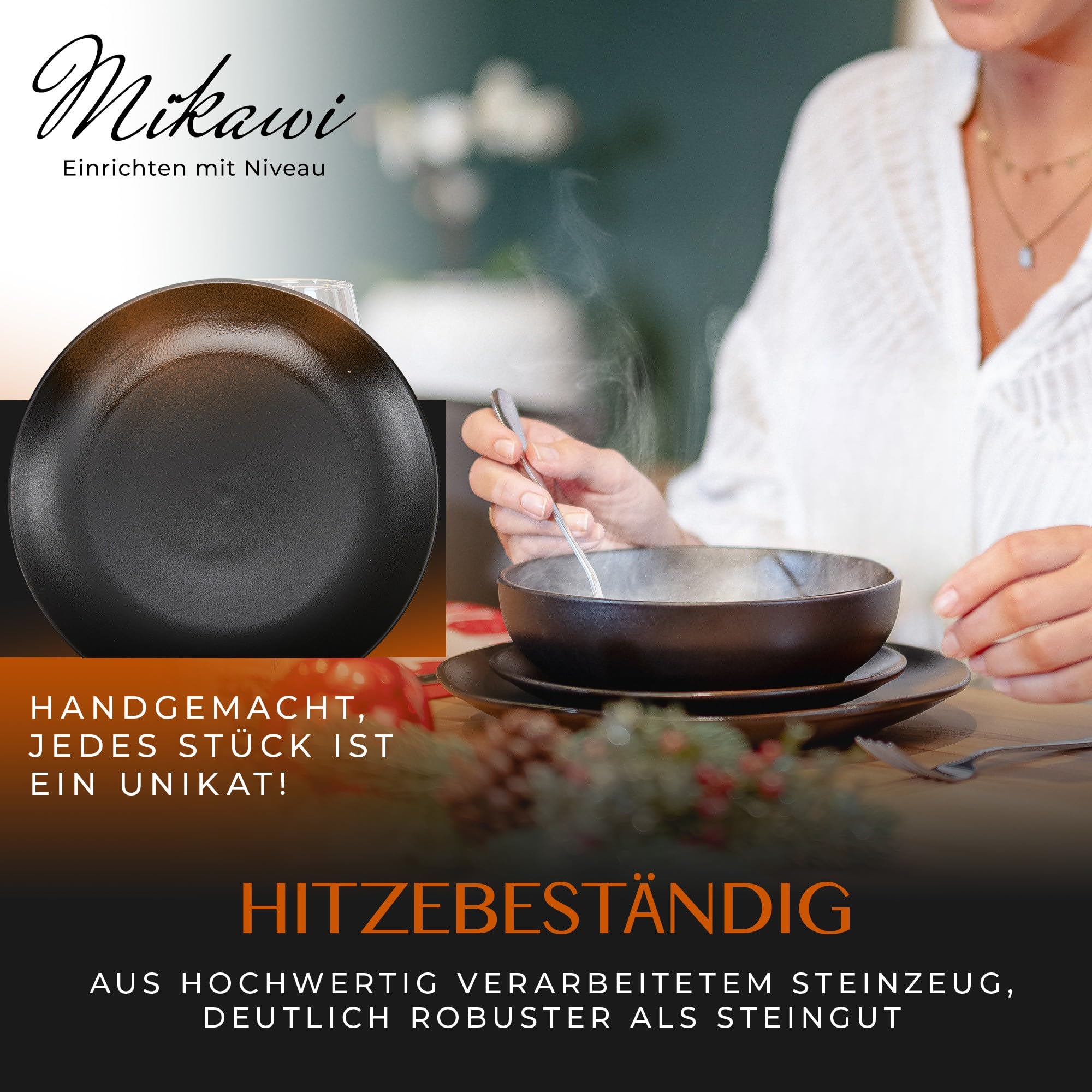 12-teiliges Geschirr-Set aus Steinzeug – Prairie Linie-edles Design im braun/schwarz Farbton, Service bestehend aus 4 Speisetellern, 4 Desserttellern und 4 tiefen Tellern/Premium Kollektion