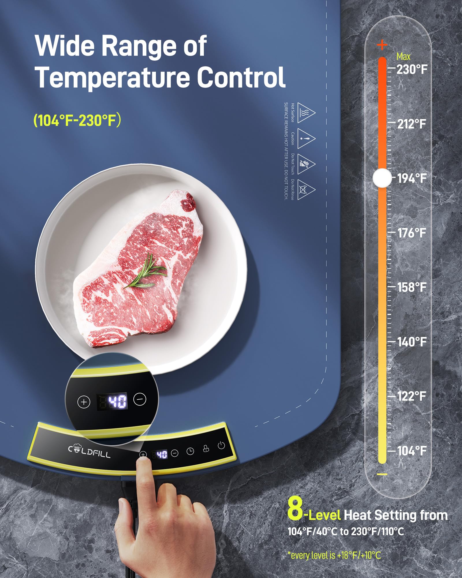 Vassoio Riscaldante Elettrico - Mantiene Caldi i Cibi per Buffet e feste, Scaldavivande Elettrico Portatile Regolabile da 40°C a 110°C, Riscalda l'intera Superficie in 5s, 60x40x2,5cm