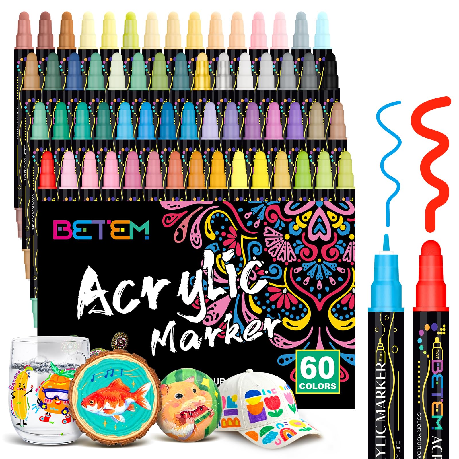 Betem 60 Colors Dual Tip Acrylic Paint Pens Markers, Premium Colouring Pens for Rock Painting, Wood, Canvas, Stone, Ceramic Surfaces, Christmas Painting Kit DIY Crafts Making Art Supplies