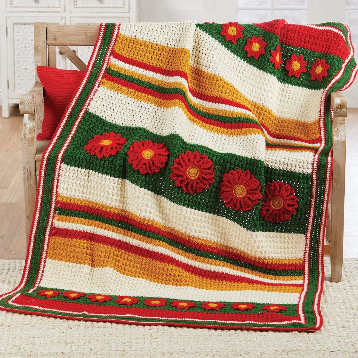 Herrschners Poinsettias & Stripes Afghan Crochet Kit