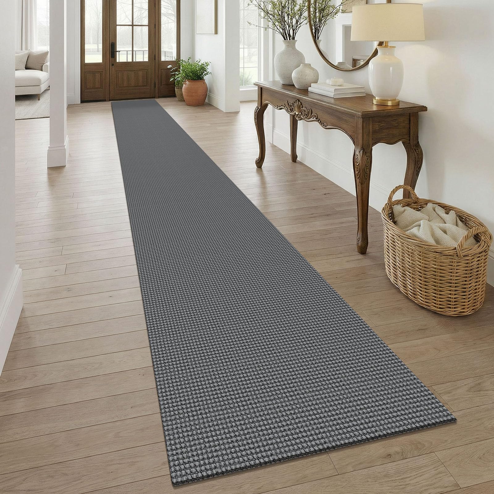 KOZYFLY Braided 2.5'x20' Runners Rugs for Hallway, Extra Long Washable Runner Rug, Woven Non Slip Kitchen Runner, Cotton Entryway Rug, Floor Carpet for Entry, Aisle, Hall, Grey/Dark Grey