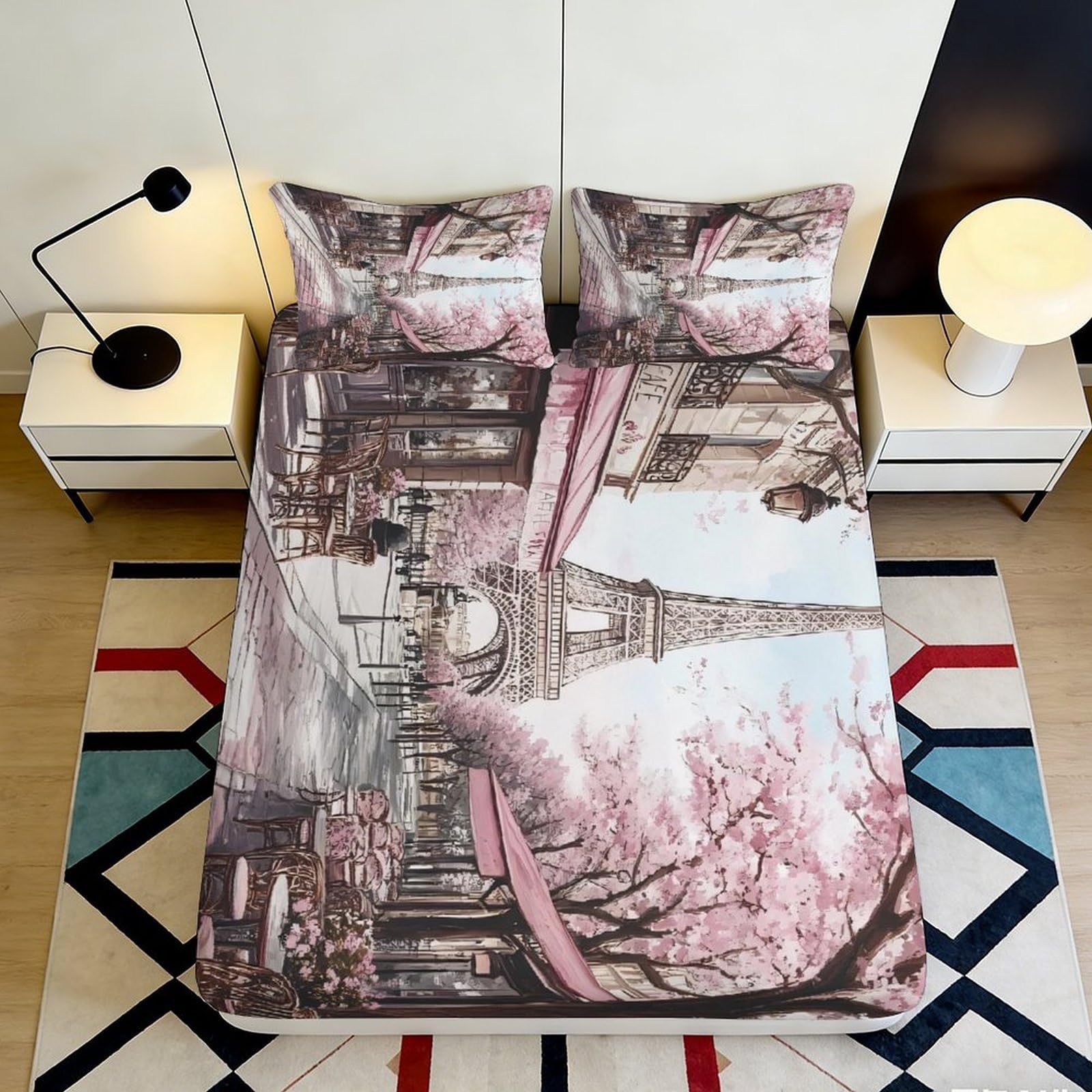 3D Printed Eiffel Tower Cherry Blossom Fitted Sheet Microfiber Anti-Slip Bed Cover for Bedroom Guest Room Decor 90x200x25cm