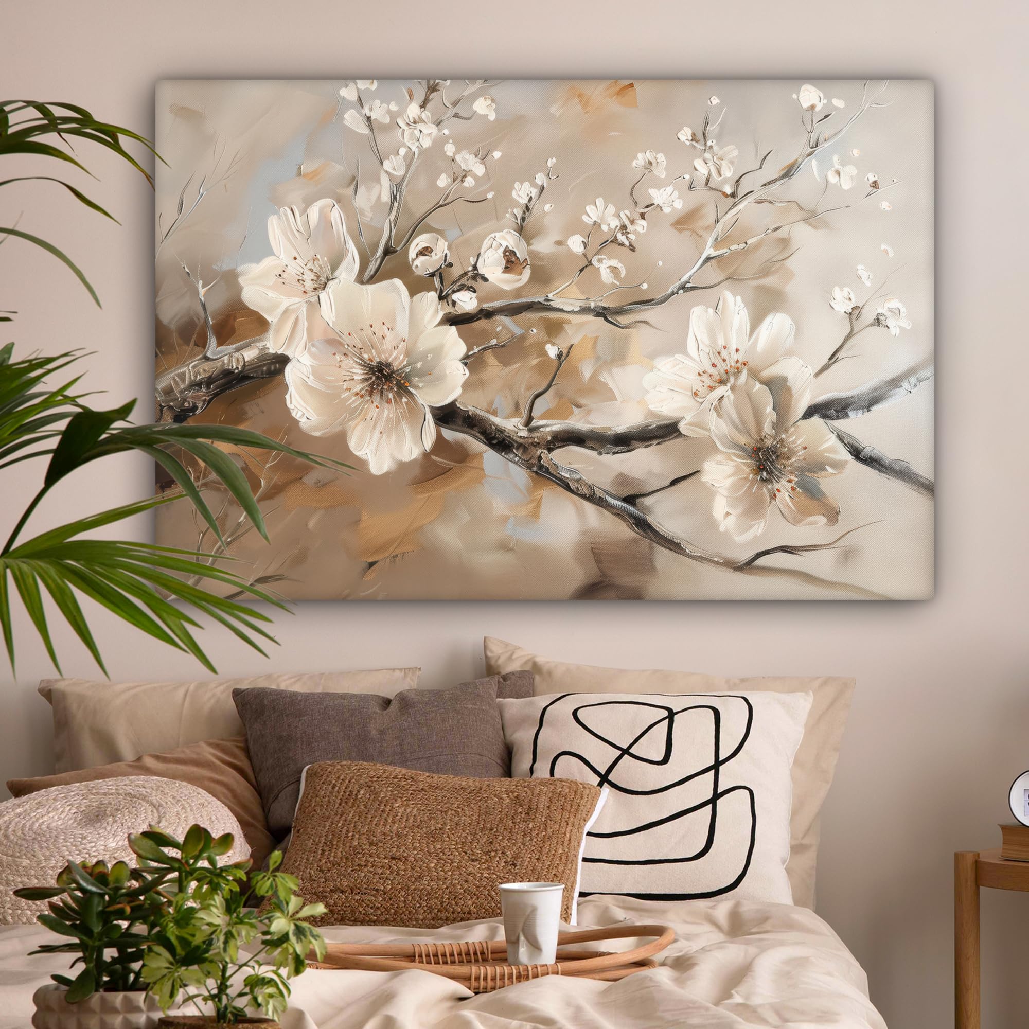 MuchoWow Bild auf Leinwand 120x80 cm XXL Wand Deko Blumen Natur Weiß Blüte Abstrakt