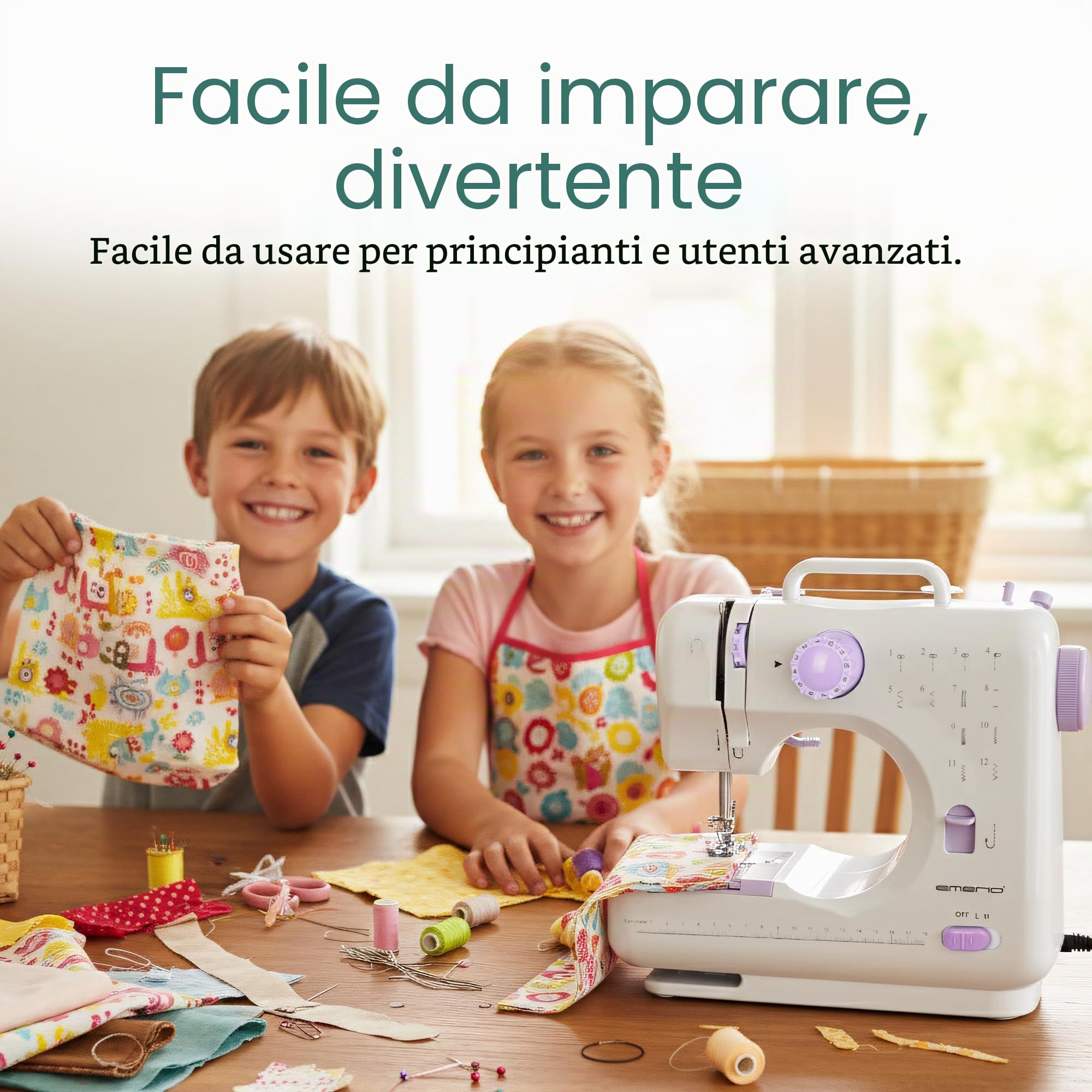 Emerio Macchina da cucire per bambini e principianti, SEW-121820, 12 modelli a punto, mini macchina da cucire con pedale, alimentazione e batteria, luce LED, automatica avanti e indietro