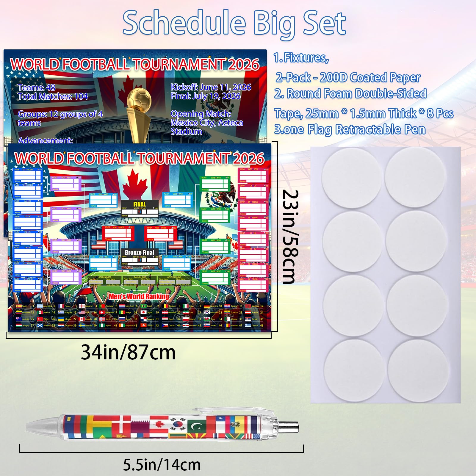 2PCS World Cup Football 2026 Interactive Foldable Poster 2026 World Cup Ball Competition Schedule Includes 8 Double Sided Adhesive Rings And A Flag-Themed Ballpoint Pen Fan Gifts Bar Display 87x58cm - 2