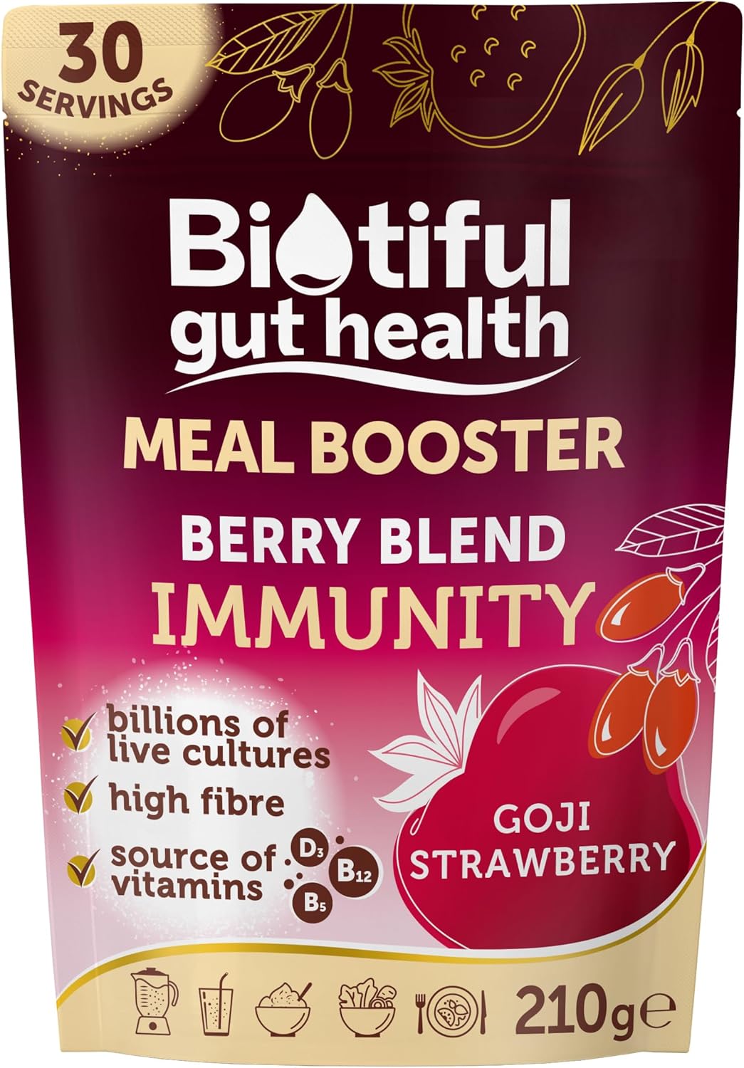 Biotiful Gut Health 7 in 1 Meal Booster – 34 Billion CFU Probiotics + Prebiotics | Immunity, Energy & Digestion Support | Vegan, Gluten-Free Superfood Powder | 210g – Strawberry & Goji Berry