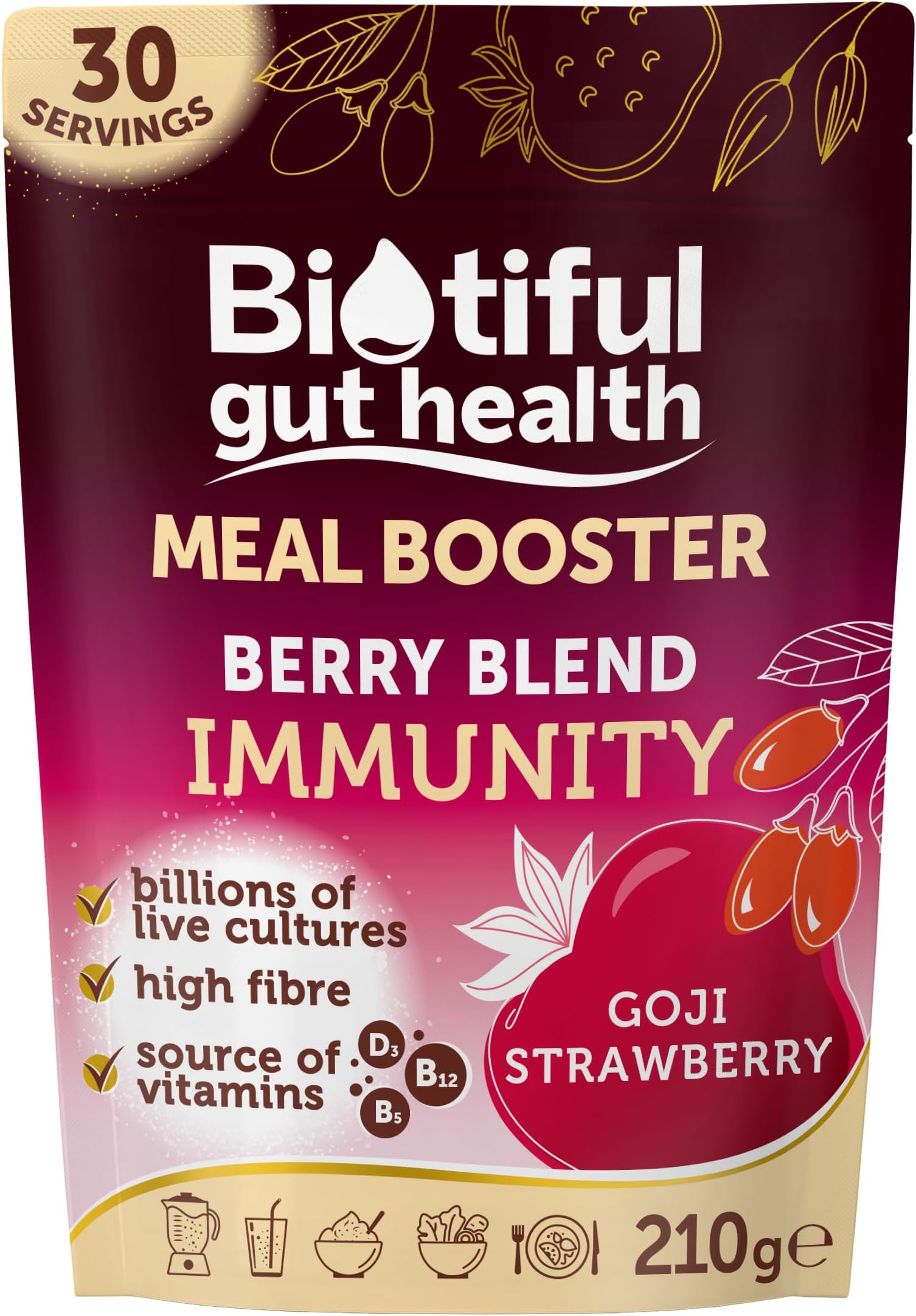 Biotiful Gut Health, Meal Booster, Berry Blend Immunity, Probiotics, Prebiotic Fibre, Source of Vitamins D3 B5 B12, Powder, 30 Servings