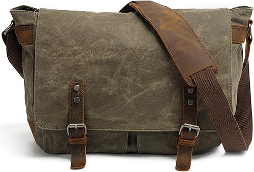 HuaChen Mens Messenger Bag, Vintage Genuine Leather Waxed Canvas Shoulder Bag for 14" Laptop,Rugged Briefcase Satchel