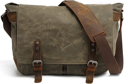 HuaChen Mens Messenger Bag, Vintage Genuine Leather Waxed Canvas Shoulder Bag for 14" Laptop,Rugged Briefcase Satchel