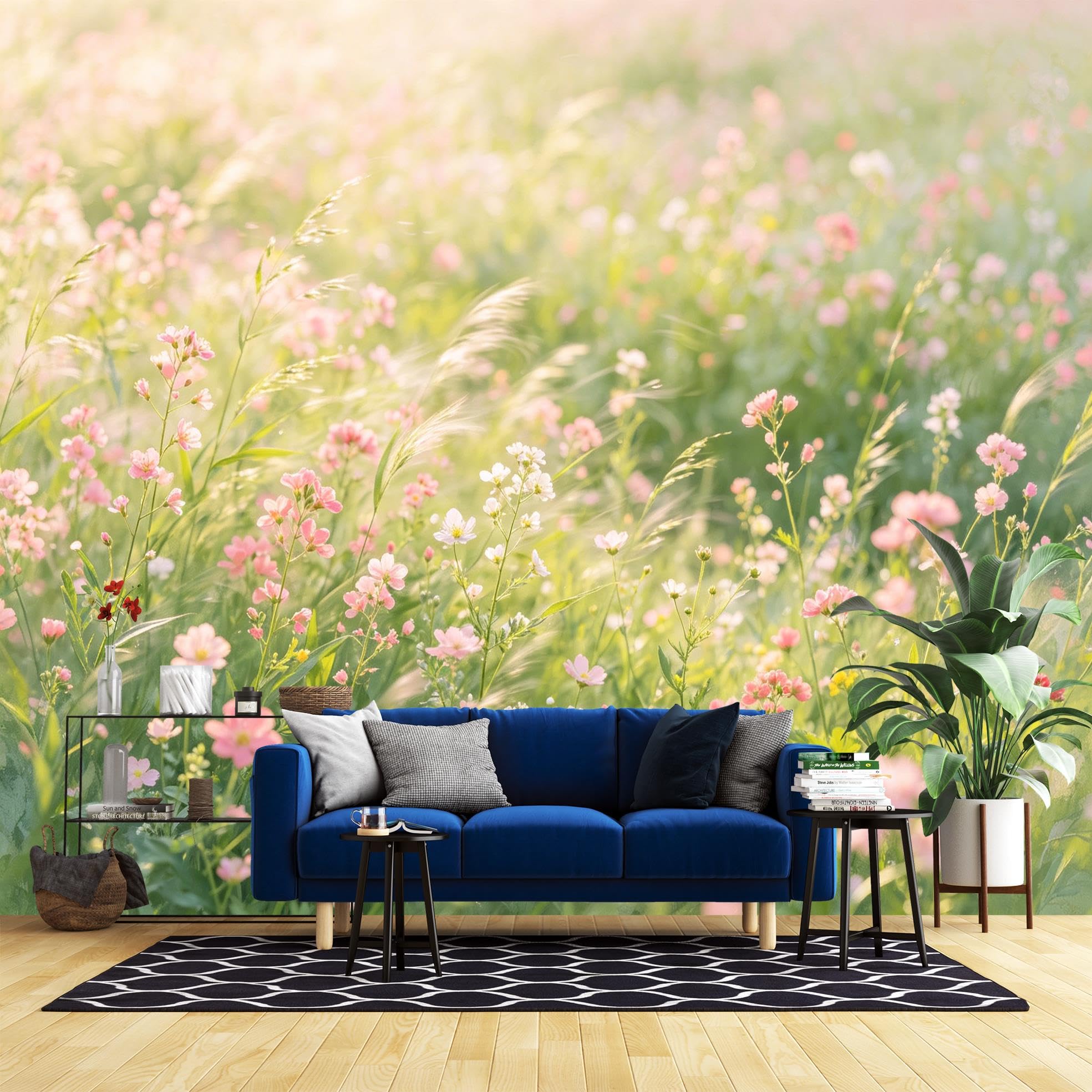 Papier peint fleuri rose champ panoramique autocollant pour deco de salon 250x200cm