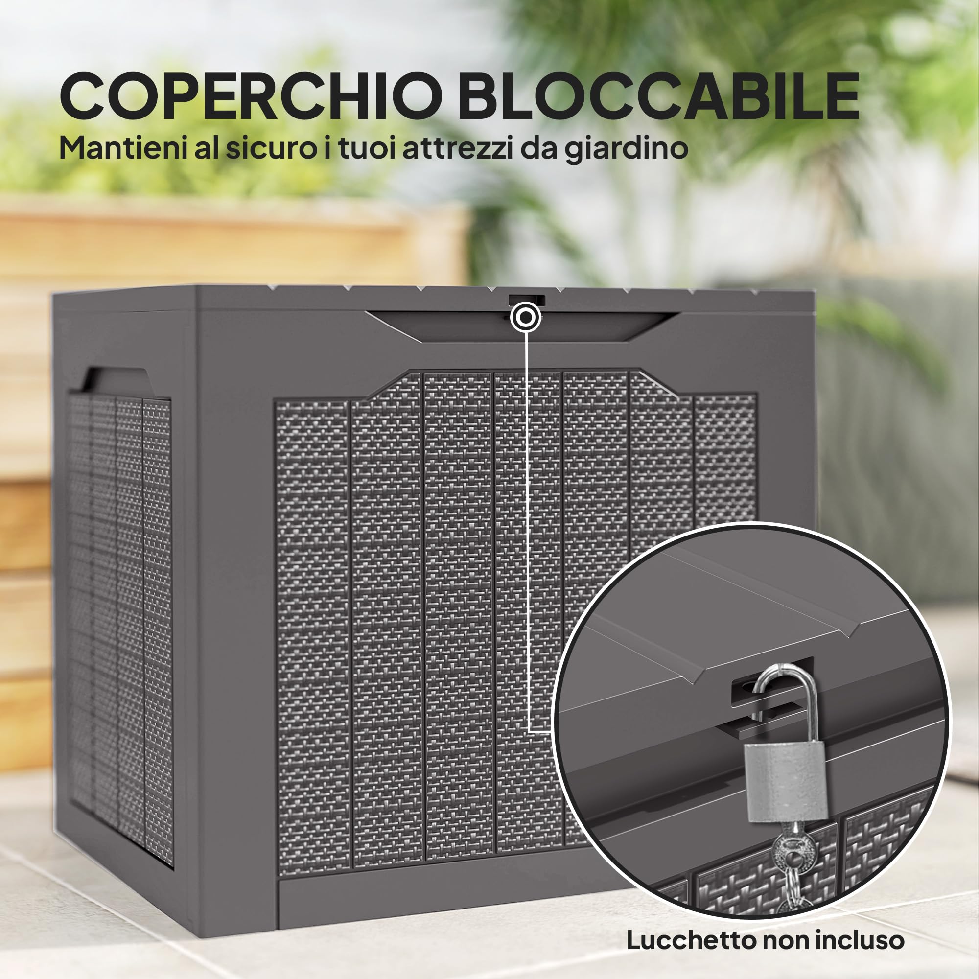 Outsunny Baule da Esterno da 97L Maniglie Integrate 56x41x50 cm Marron | Baule da Giardino, Maniglie Integrate, Gancio per Lucchetto, Contenitore da Esterno, Patio, Piscina