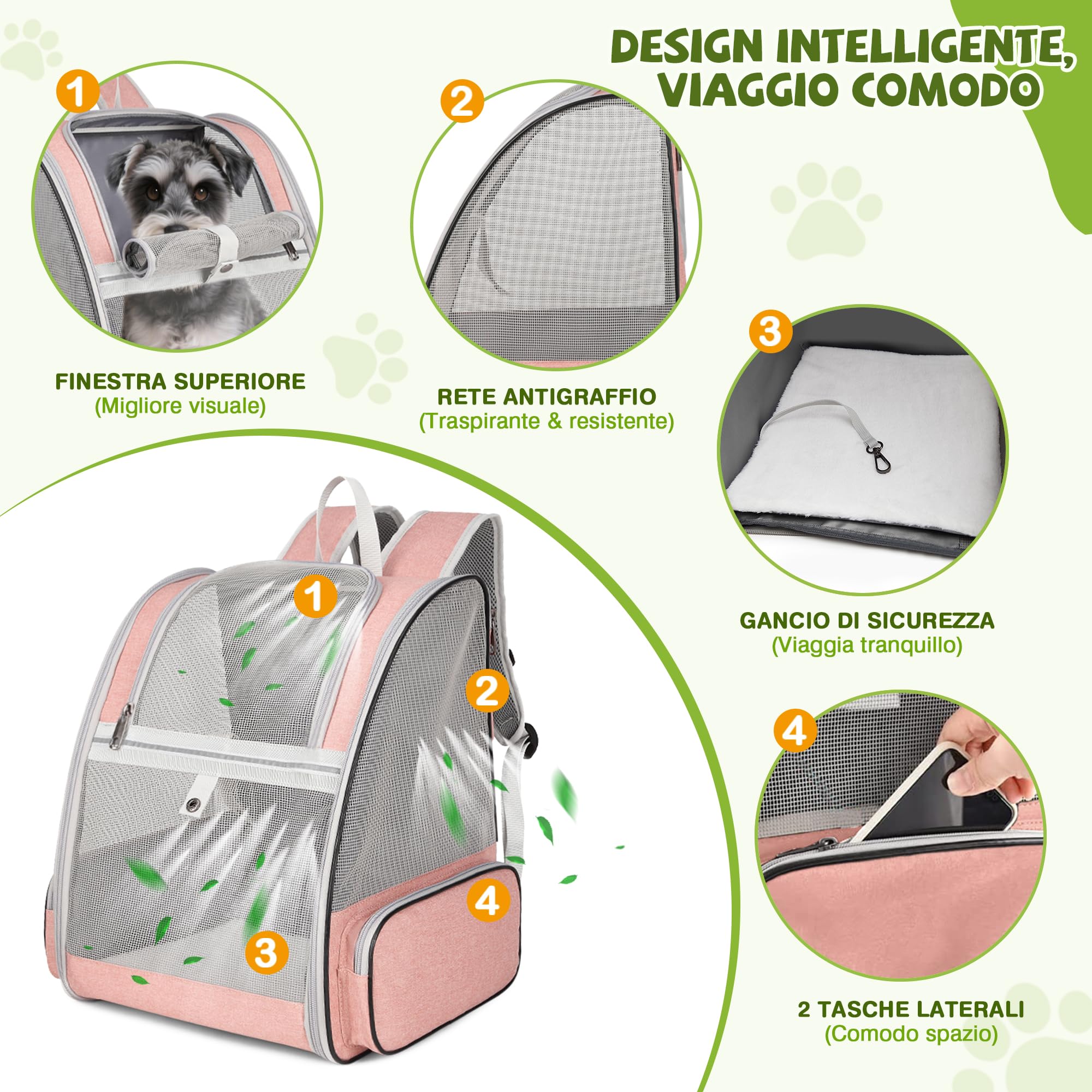 ALLSOPETS Zaino Trasportino per Cani Gatti Zaino per Cani Traspirante Zaino Pieghevole per Gatti e Cuccioli con Cinghie di Sicurezza Ideale per Viaggi Escursioni e All'aperto (Rosa Nebbia)