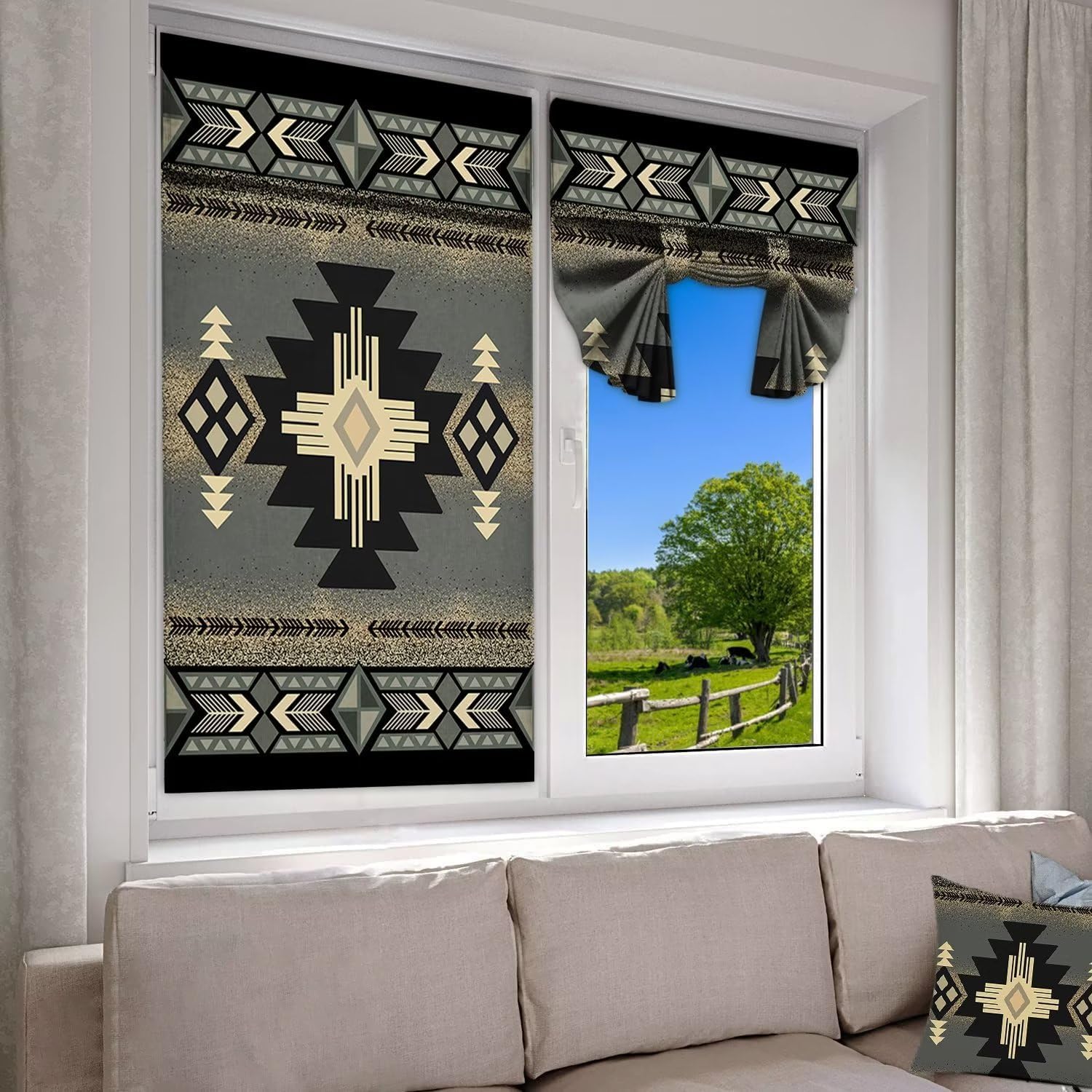 Aztec Boho Geometric Door Curtains, 26"W x 70"L, Blackout, Thermal Insulated, Waterproof, 1 Panel, Boho, Western, Hallway, Machine Washable, Tie Top