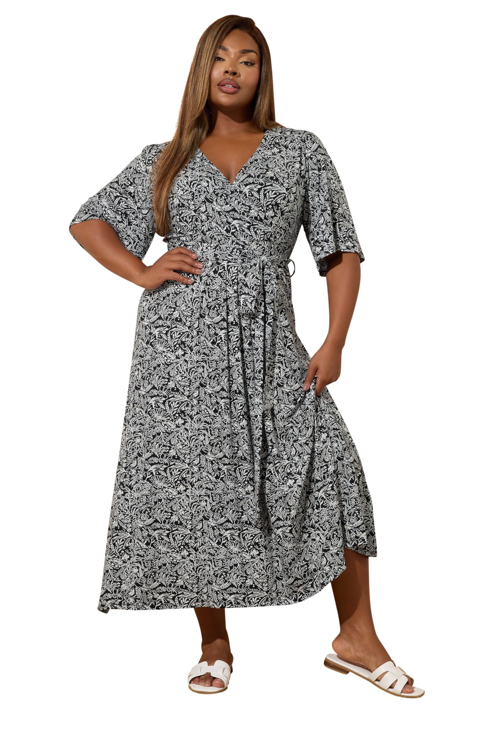 Yours Women's Black Curve & White Floral Wrap Maxi Dress - Plus Size Curve