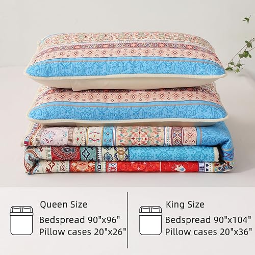 Miniatura 6 de Juego de edredón bohemio tamaño King, juego de edredón bohemio azul y naranja, 3 piezas, colcha ligera de microfibra suave con 2 fundas de almohada