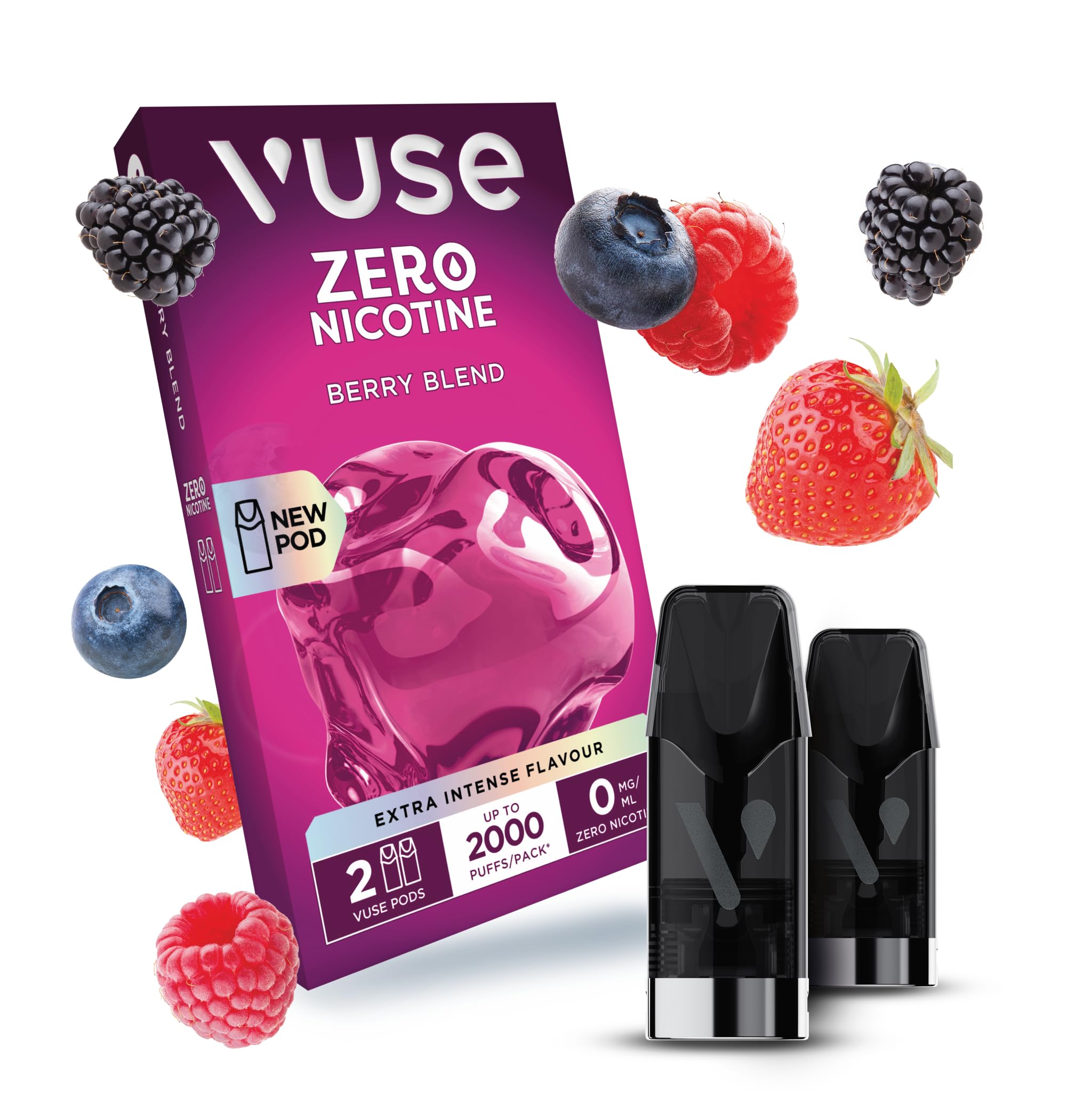 Berry Blend Extra Intense Flavour Pods, Pack of 2, 2ml, Puff Activated, up to 2000* Puffs per Pack, Compatible with Vuse Pro and GO RELOAD Devices, 0mg Strength, Nicotine-Free Vaping**