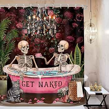 Mitpok Valentine's Day Shower Curtain 60Wx72H African American Gothic Skull Skeleton Romantic Black Girl Lovers Woman Red Rose Bathroom Decor Spooky Couple Bath Curtain Fabric Polyester 12 Pack Hooks
