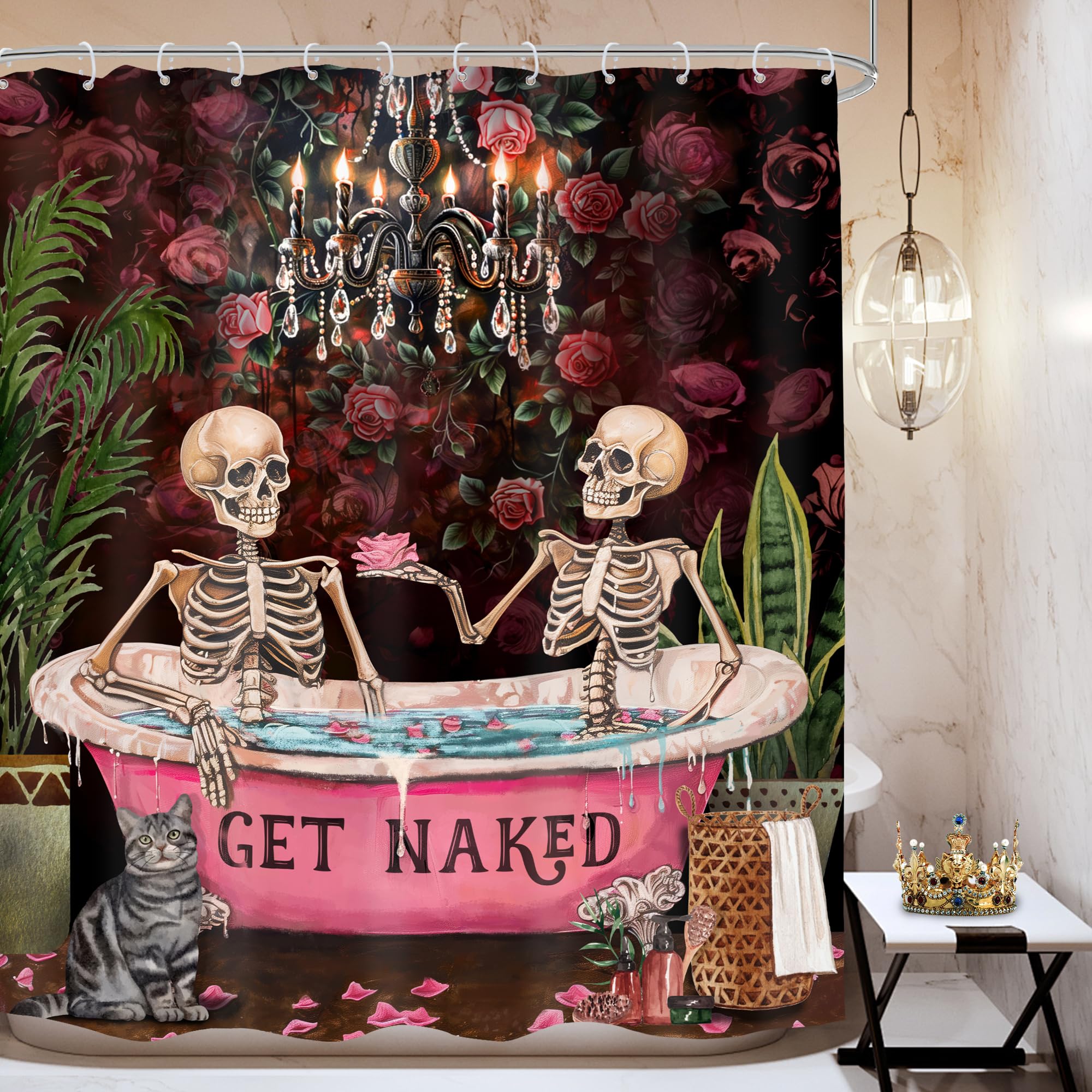 Rideau de douche squelette retro dans sa baignoire pour une ambiance effrayante et drole