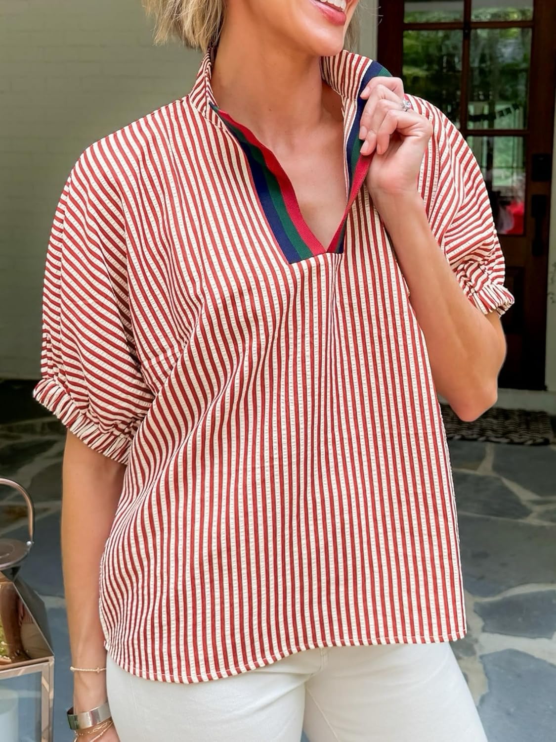 Womens Striped Contrast Neck Shirts Elbow Puff Sleeve Dolman Blouse Top - Image 5