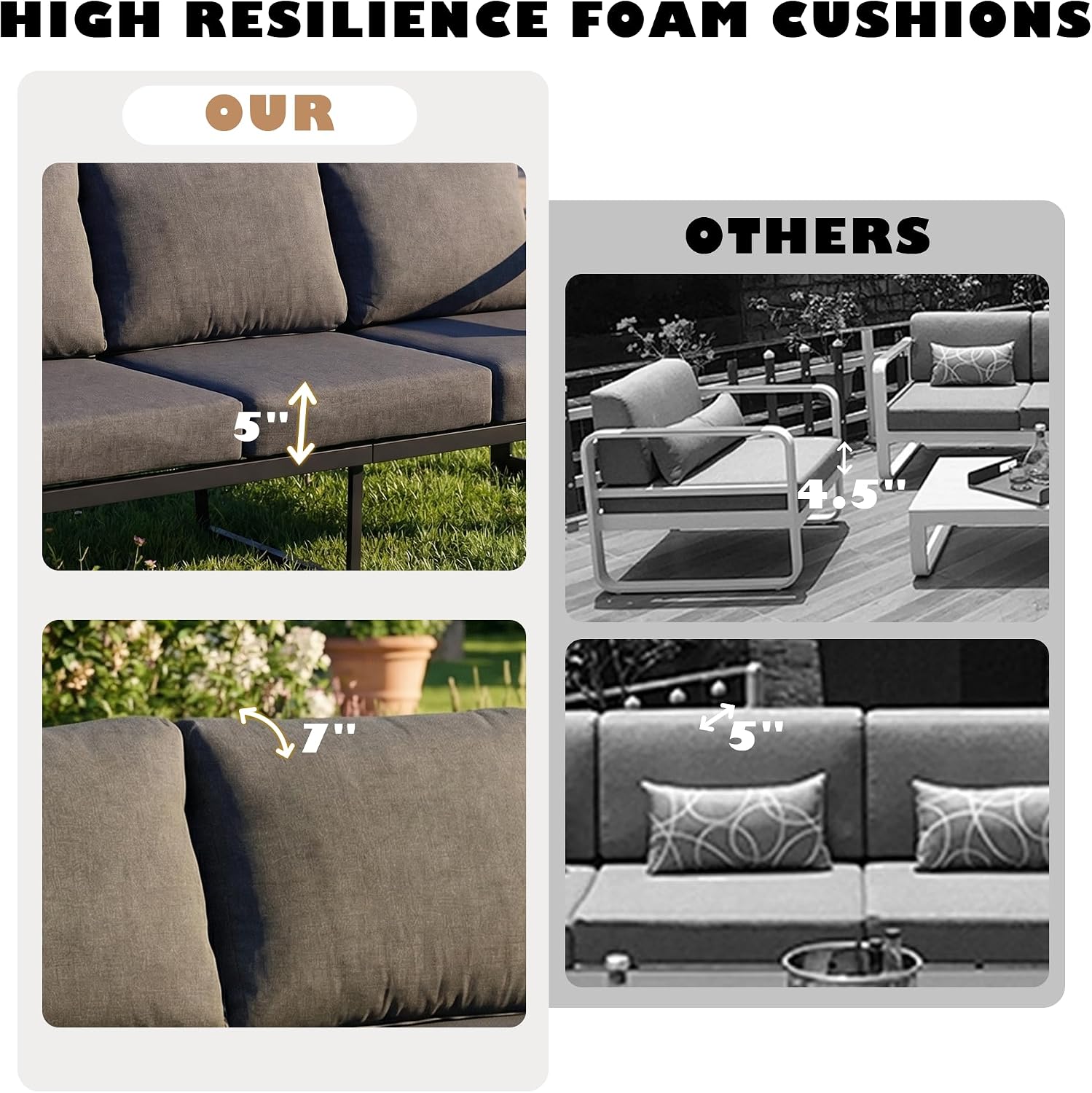 Aluminum Outdoor Patio Furniture Set 7 Pieces, 2 Swivel Rocking Chairs, 3-Seater Bench, 2 Ottomans, Coffee Table & Side Table, Patio Sectional Conversation Furniture Set with Thick Cushions