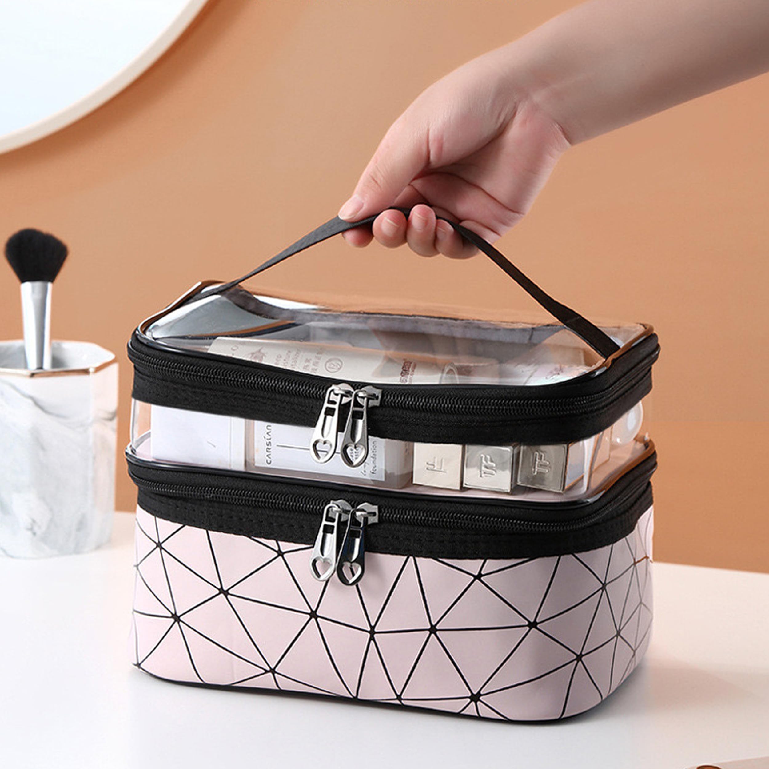 Large Capacity Double Layer Makeup Bag - Portable Toiletry Bag with Compartment for Women Travel Essentials (Pink 23x17x16cm) - Image 3