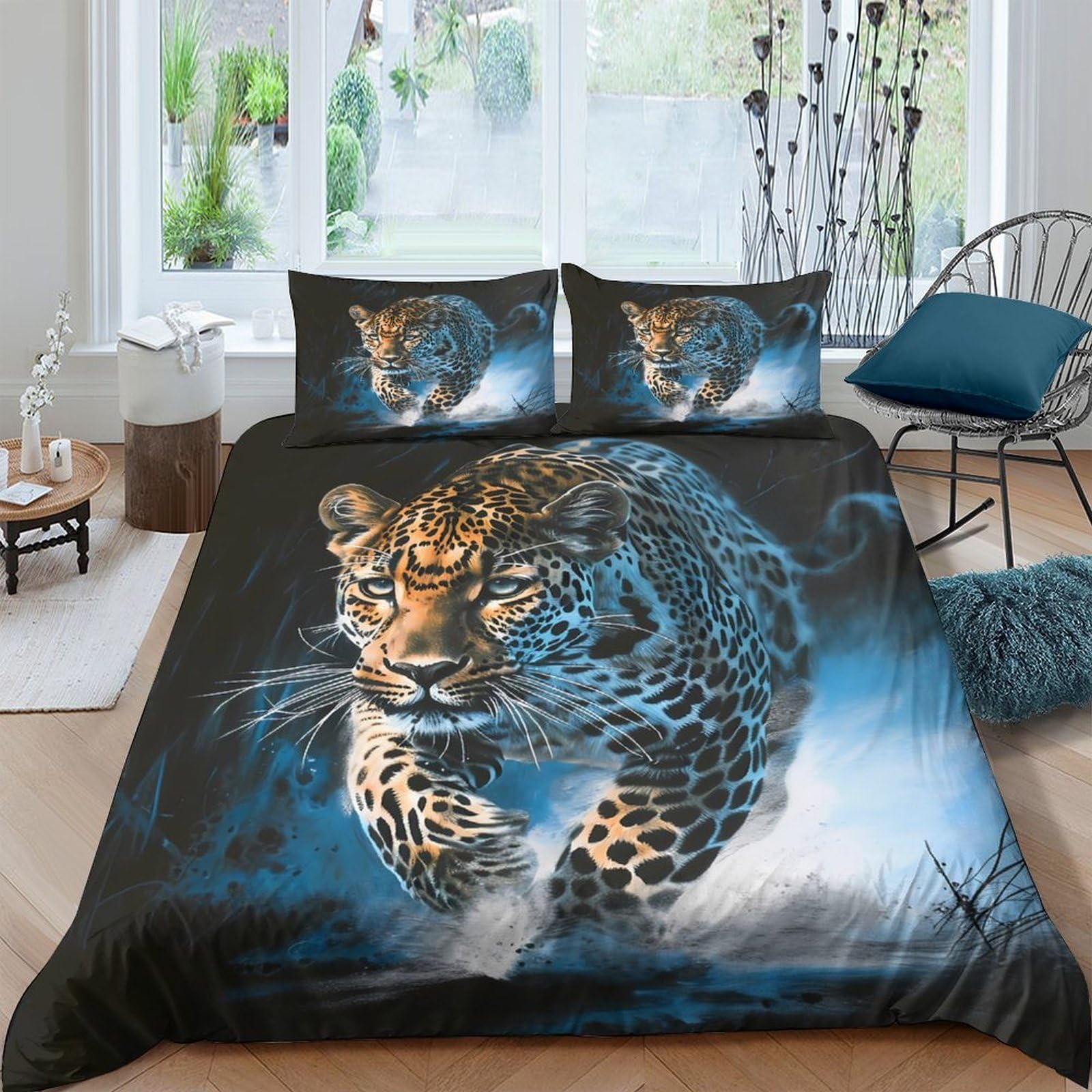 Ctjqhvkz Style-1 3D Printed Wild Leopard Fitted Sheet Microfiber Soft Black Blue Jungle Animal Mattress Cover For Bedroom Dorm Bed Decor Single（135X200cm）