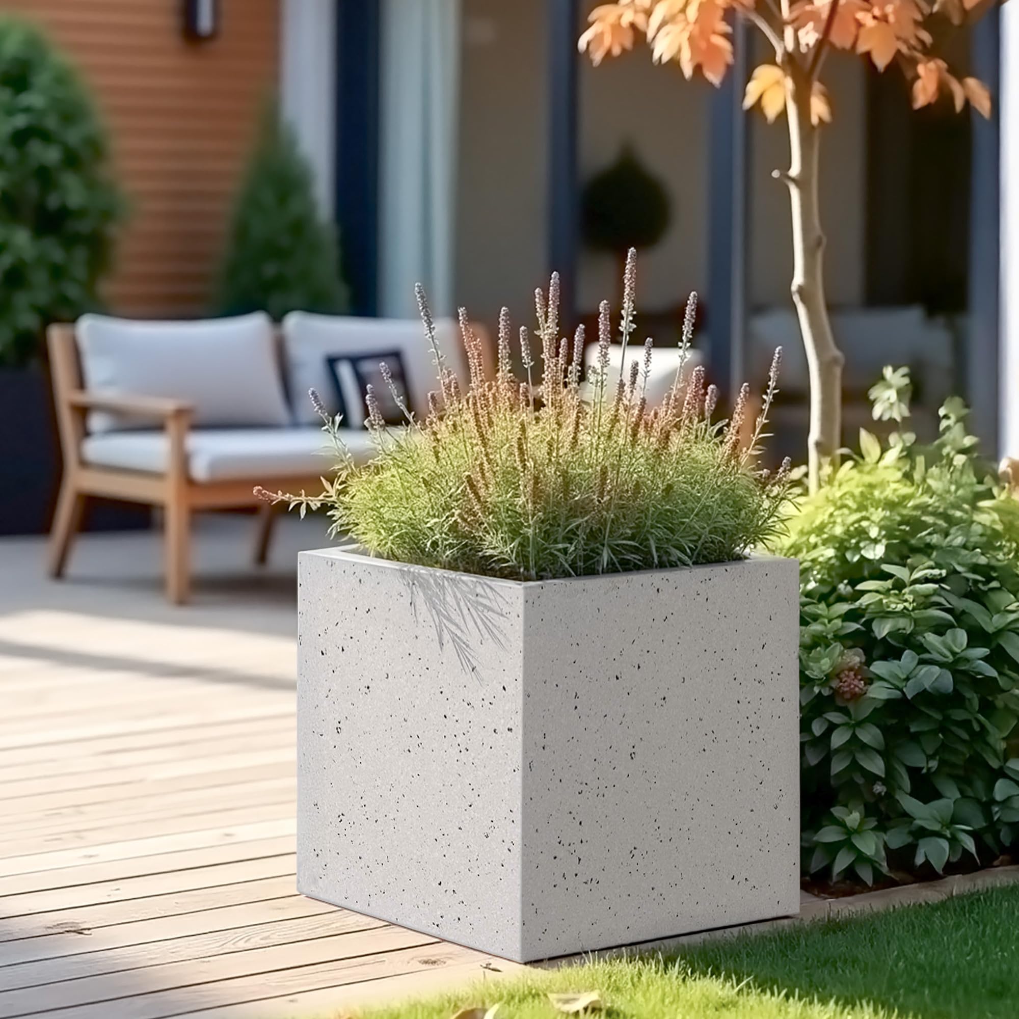 IDEALIST 40cm Square Planter for Garden | Speckled Grey Reinforced Stone Flower Pot | Garden Planters with Drainage Holes L40 W40 H40.5 cm, 50 litres