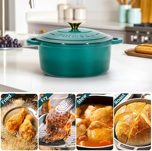 Miniatura 5 de Parmedu Horno holandés de hierro fundido esmaltado, olla de 5.5 cuartos de galón con tapa, mango doble, utensilios de cocina resistentes para
