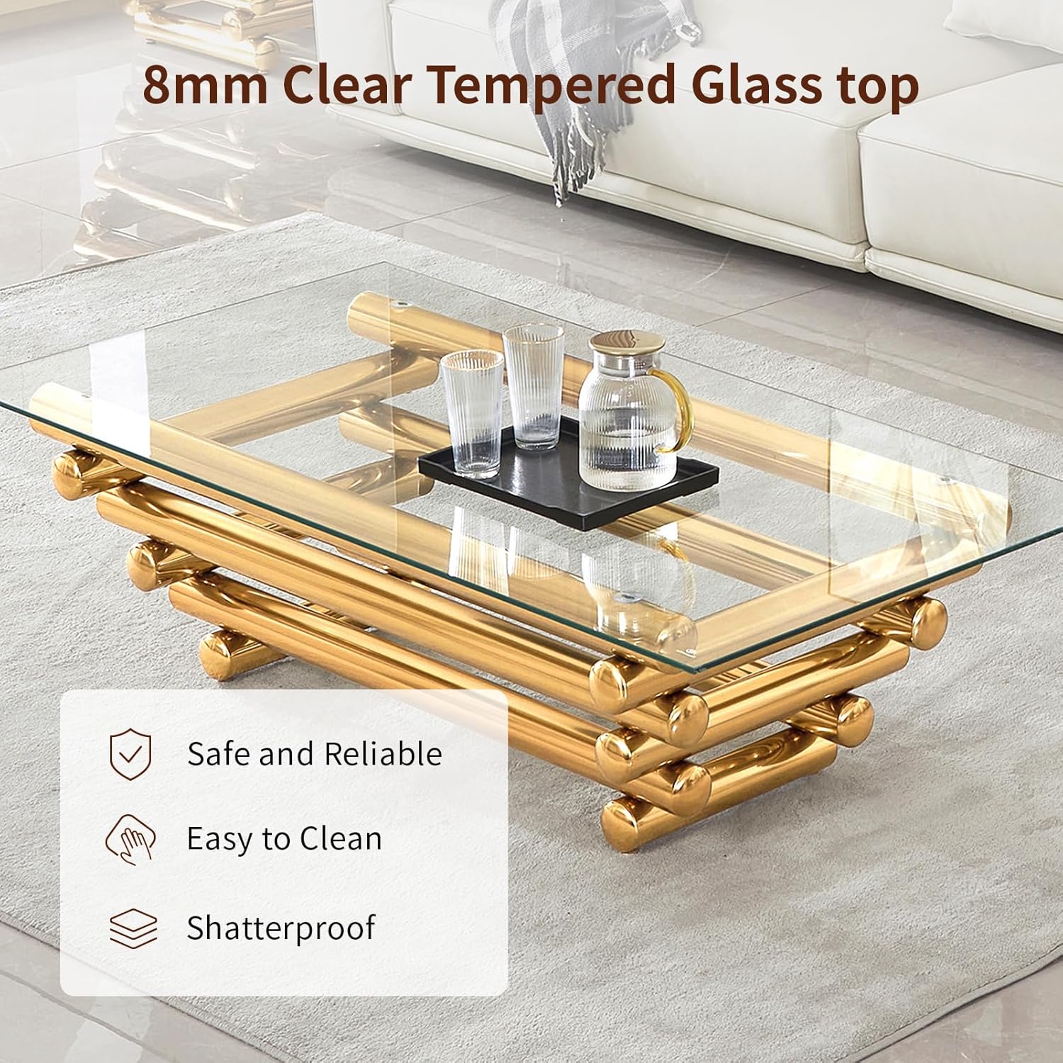 55" Glass Coffee Table for Living Room, Modern Gold Coffee Tables, Tempered Glass Tabletop, Stainless Steel Legs, Luxury Rectangular Center Table for Waiting Room Home Apartment Office