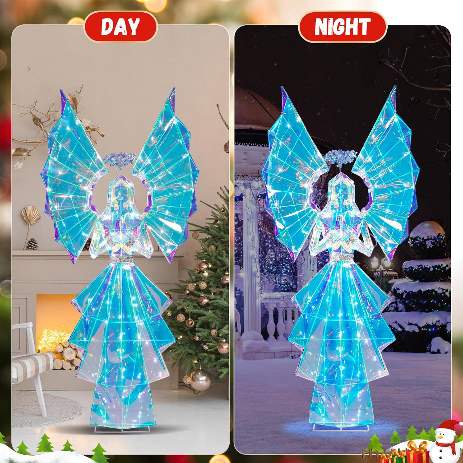 5.5FT Pre-lit Lighted Angel, Prismatic Iridescent Angel Outdoor Christmas Decorations with 110 LED Lights, Plug-in Giant Xmas Angel for Yard, Garden, Porch, Outdoor Holiday Decor