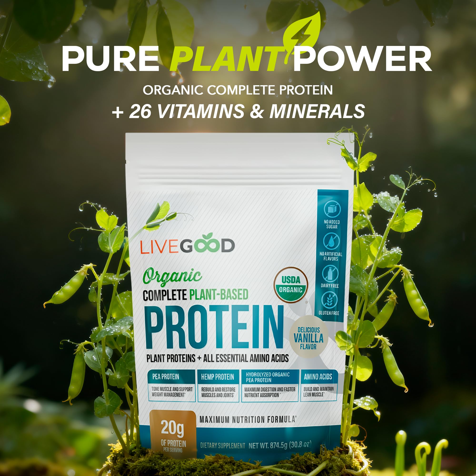 Complete Plant Based Protein Powder with Organic Pea Protein and Essential Amino Acids for Muscle Support, Recovery, Energy and Daily Nutrition, Vanilla Protein Supplement (30 Servings) — Amazon image 2