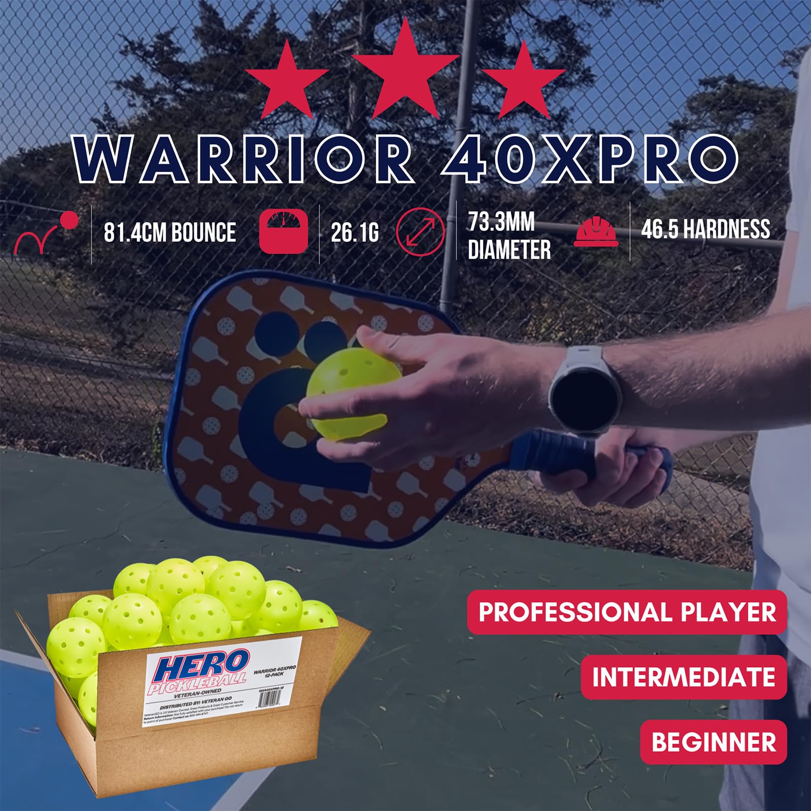 Hero Pickleball Warrior 40XPRO - Set of 12 Durable Pickleball Balls. Meets USA Pickleballs Requirements. Works with All Pickleball Paddles Consistent Flight & Spin - 40 Machine-Drilled Holes 3