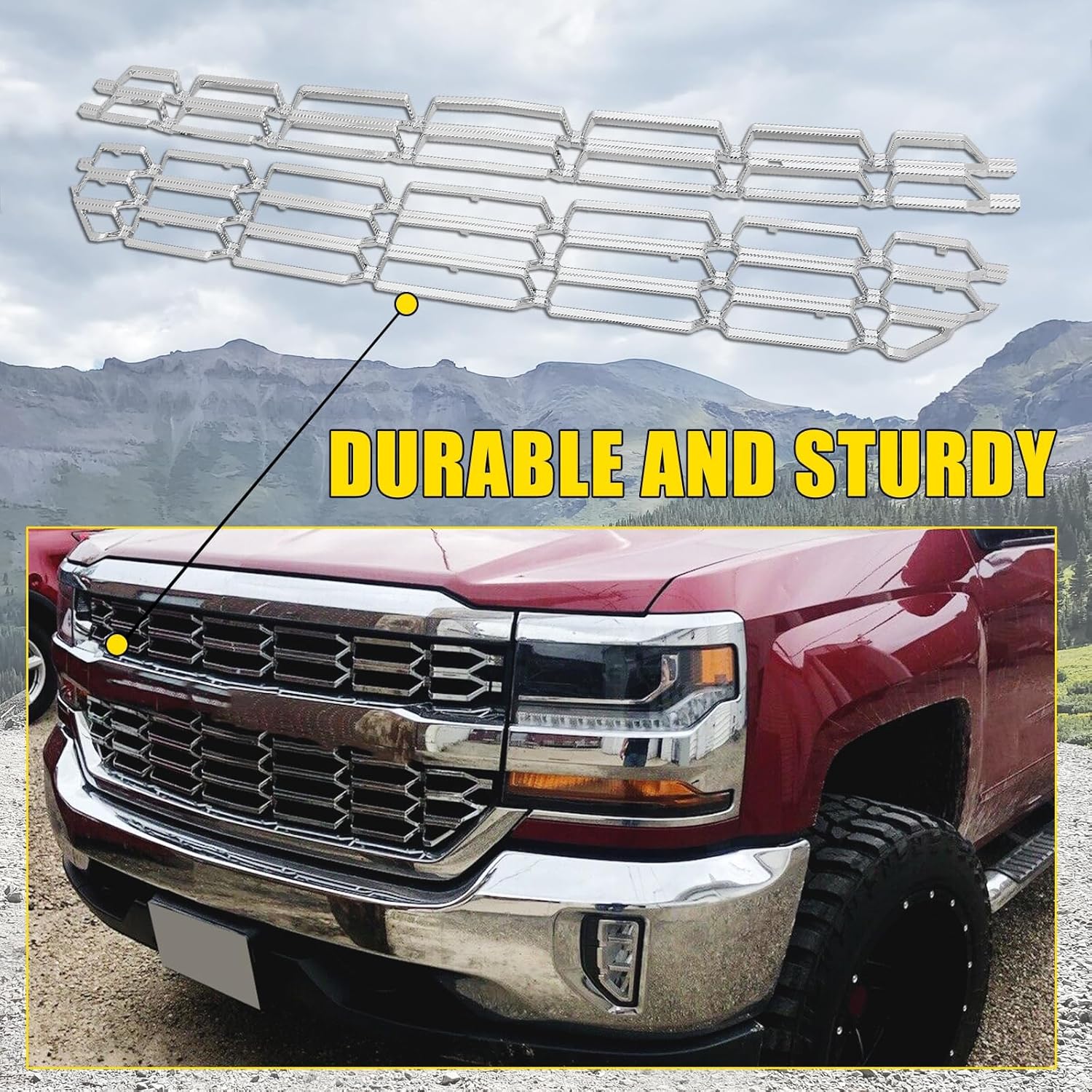 KUAFU Grille Overlay Cover Inserts Compatible with 2016-2018 Chevy Chevrolet Silverado 1500 Front Bumper Upper Grille Cover Overlay Guard Chrome Silver