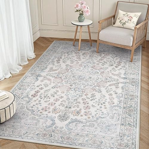 Miniatura 34 de Wonnitar Alfombras rosas para dormitorio, niñas, guardería, alfombra lavable con estampado floral de 5 x 7 pies, bohemio, ultrafina, antideslizante,