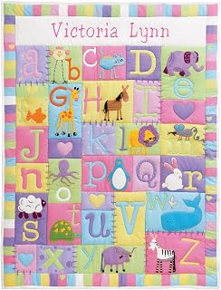 Let's Make Memories Personalized Baby Quilt - Custom Embroidered Name, 3D Applique Animals & ABCs - Pastel Heirloom Blanket for Nursery, Baby Shower Gift 42x32