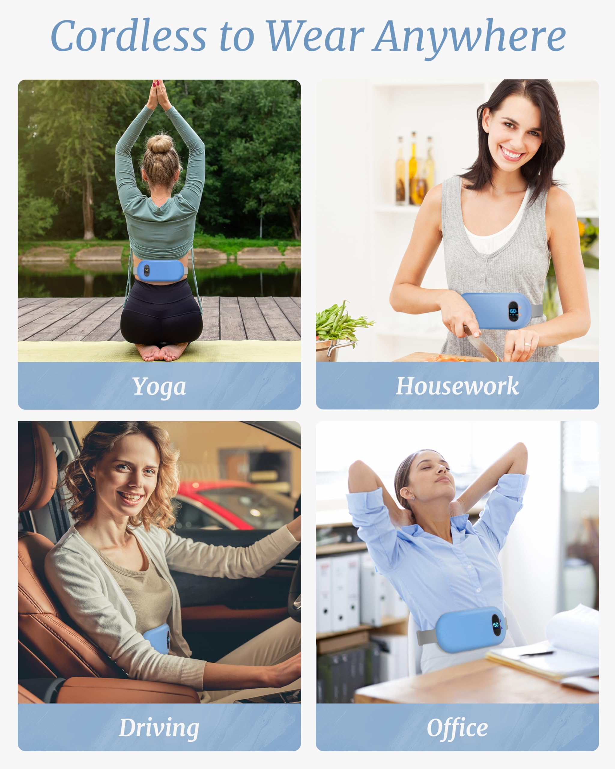 Heat Pad for Period Pain Relief Upgraded 6 Heat Massage Modes Electric Fast Heating Pad for Lower Back Pain Cramp Menstrual Rechargeable USB Heated Belt Gifts for Women Girls Her Blue - Image 3