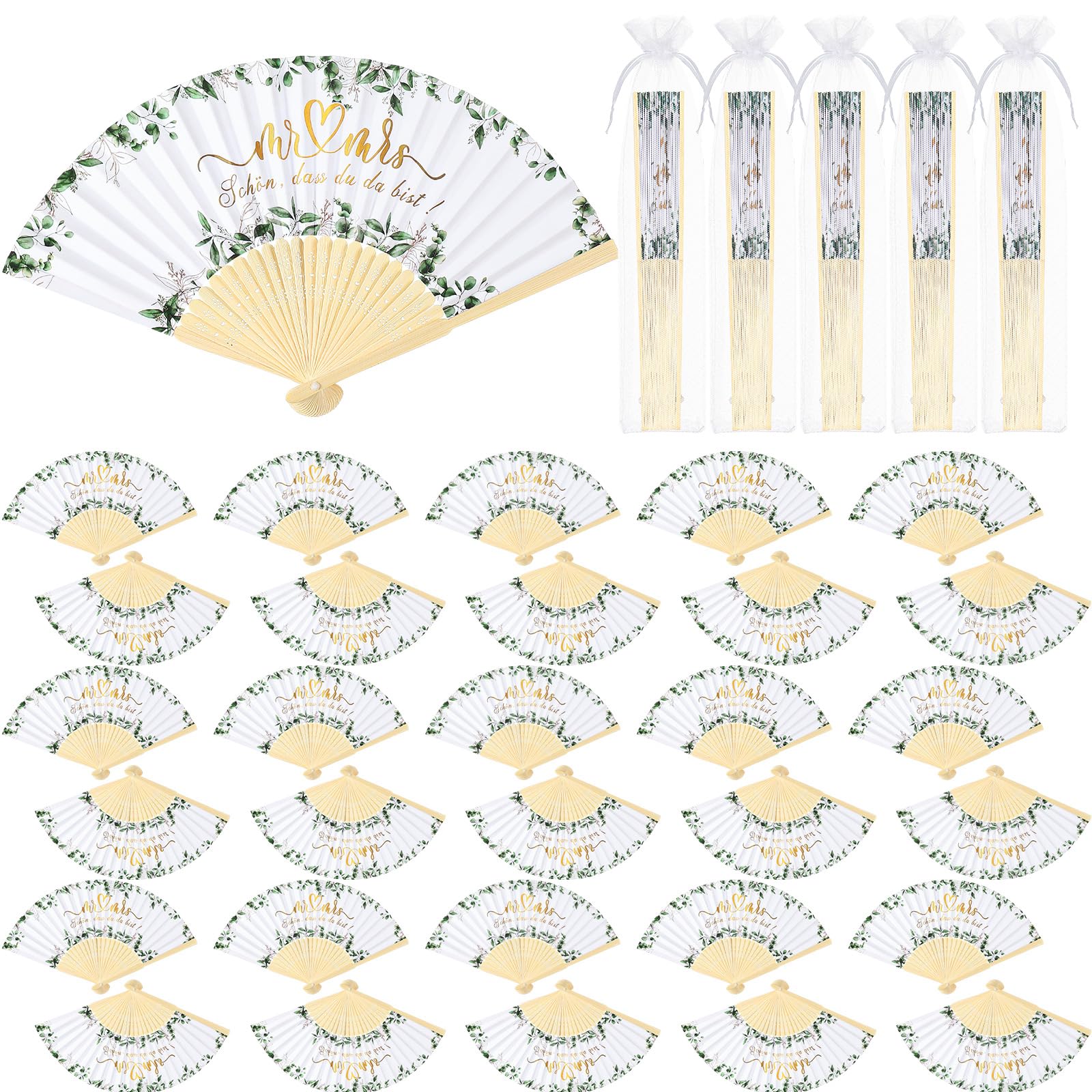 Namalu Hochzeit Handfächer Gastgeschenk Weiß Papierfächer Eukalyptus Faltbarer Taschenfächer mit Organzabeutel Bambus Klappfächer 30 Stück
