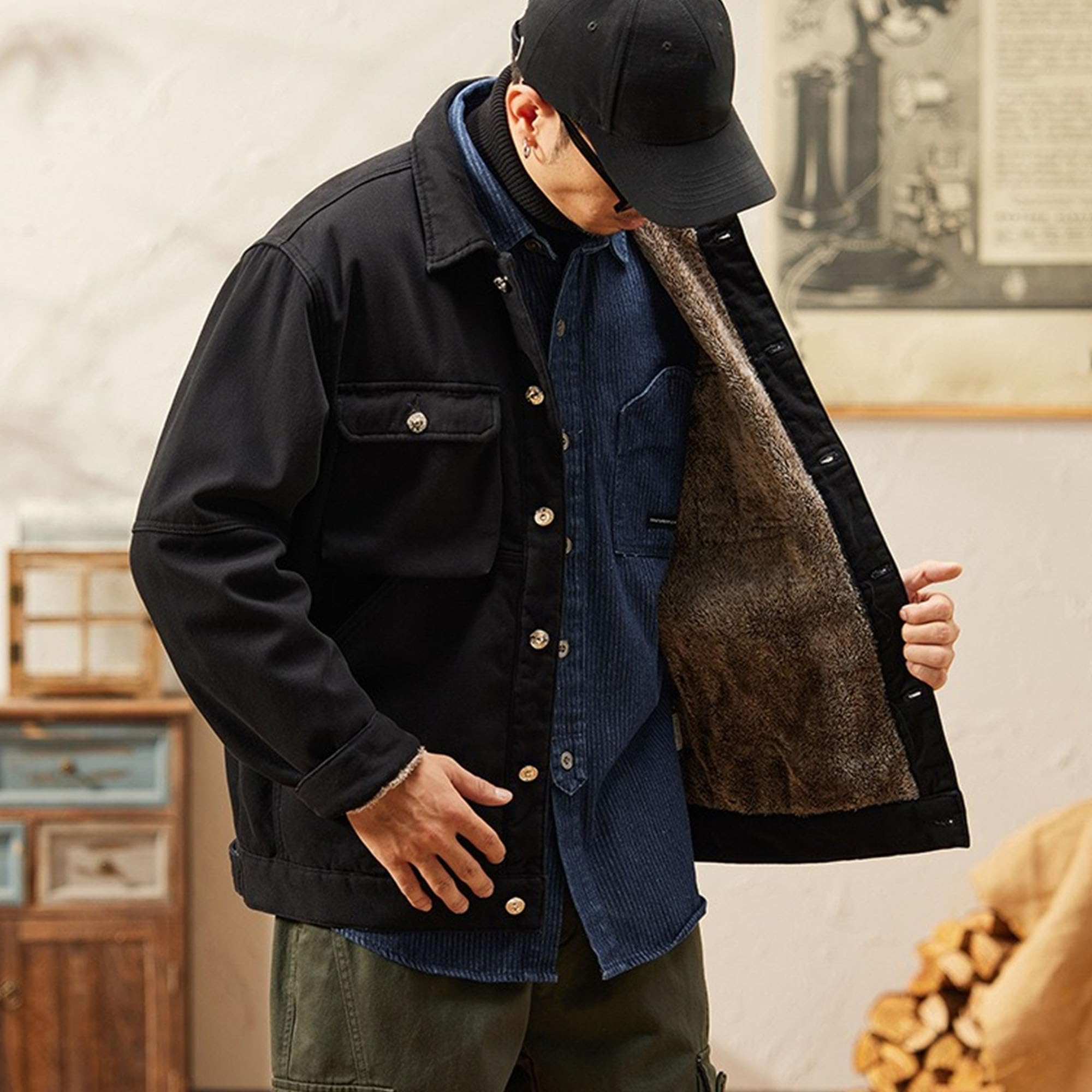Giacca da lavoro da uomo, calda, foderata in sherpa, con tasche | Fodera in pelliccia sintetica, esterno in denim spesso, cappotto da camionista con colletto con risvolto