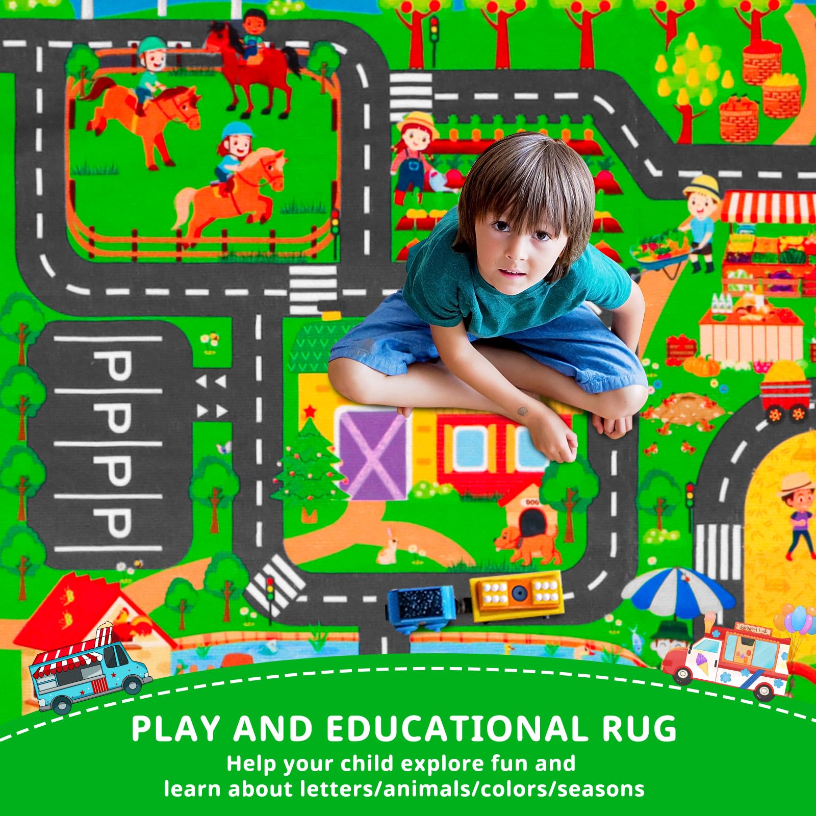 Non-slip Nylon Kids Rug DINSUMRUG Kids Play Mat - 150×100 CM ABC Farm ...