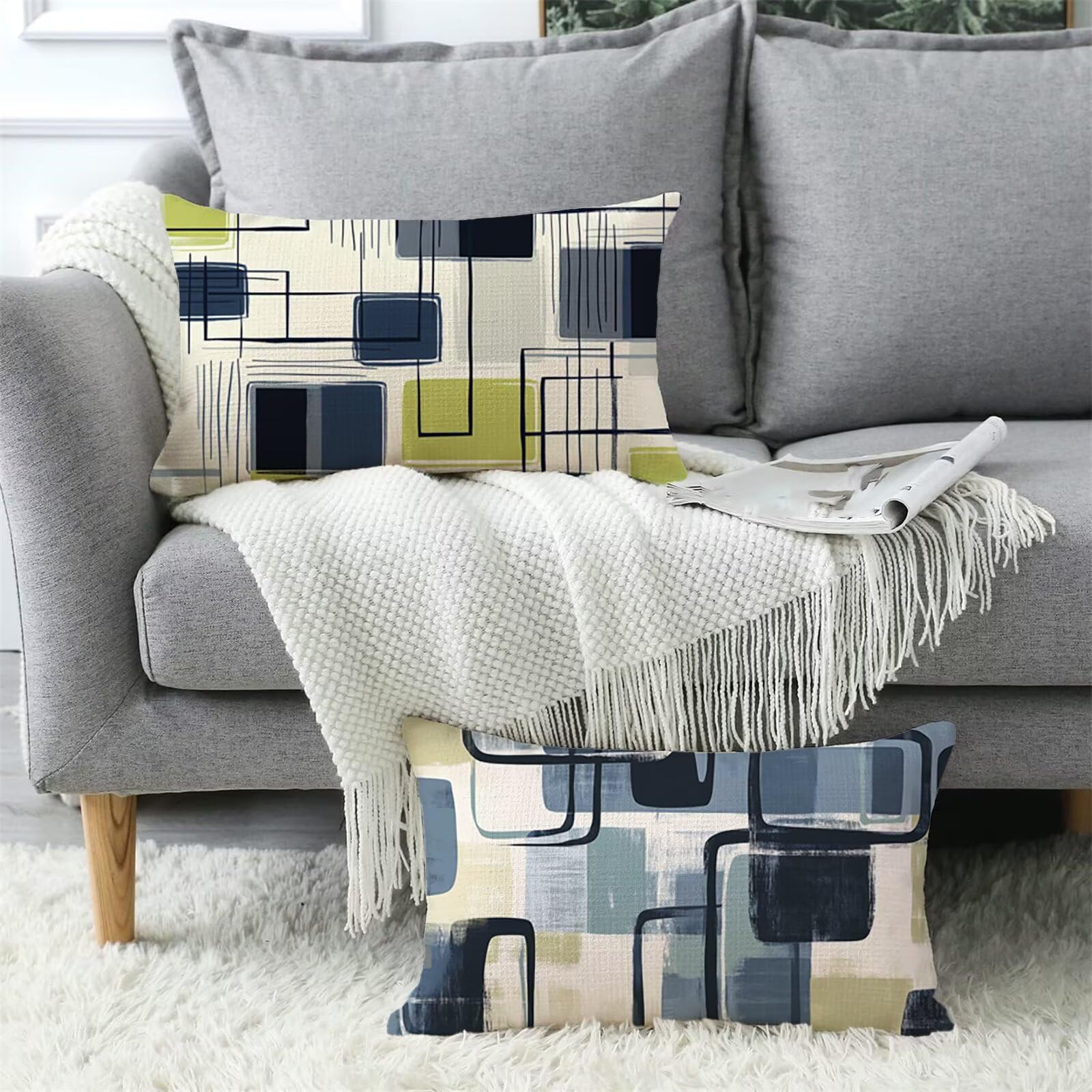 Outdoor Kissen 60x120 cm 2er Set, Grün Kissenbezug 60x120 Outdoor Wetterfest Kissenbezüge Geometrie Samtkissen Kopfkissenbezug für Deko Balkon Patio Garten Kissenhüllen, Geschenke für Frauen T-3366