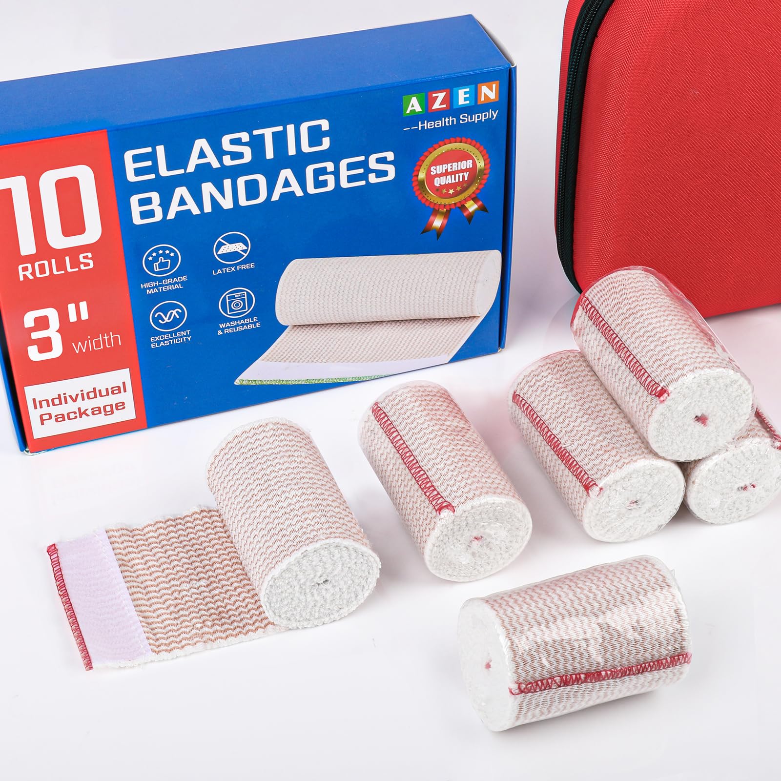 AZEN Paquete de 10 vendajes elásticos de 3 pulgadas, vendajes de compresión para piernas, tobillo, rodilla, barriga, cuerpo, vendas de linfedema para piernas, sin látex