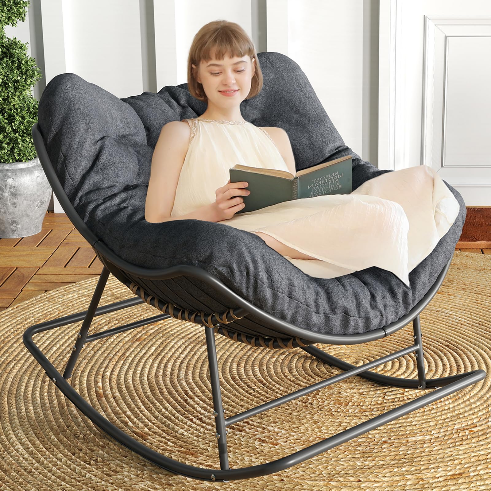 Oversized Pe Wicker Chair Patio Rocking Chair Outdoor Papasan